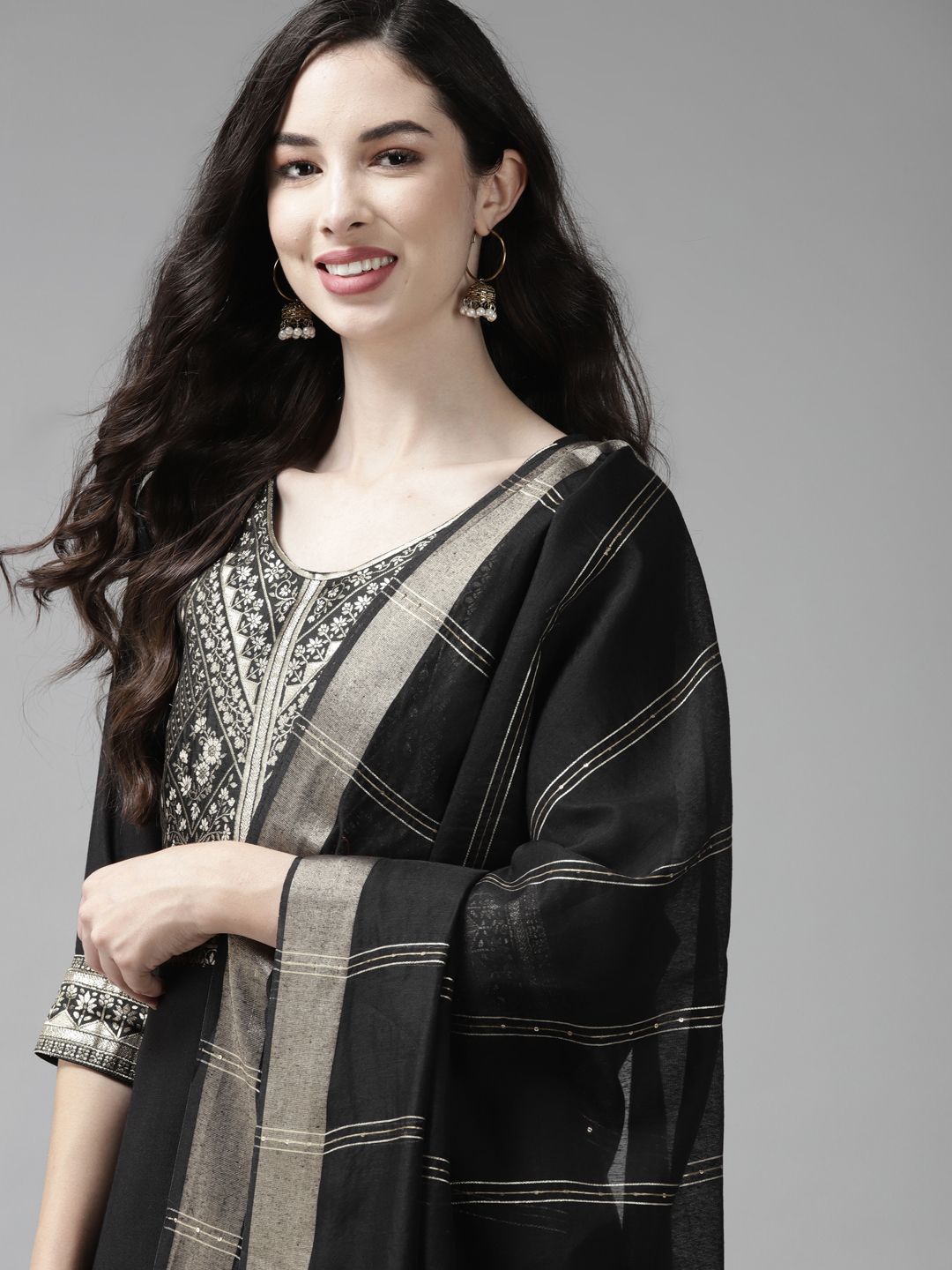 Indo Era Women Black Yoke Design Regular Kurta with Palazzos & Dupatta Price in India