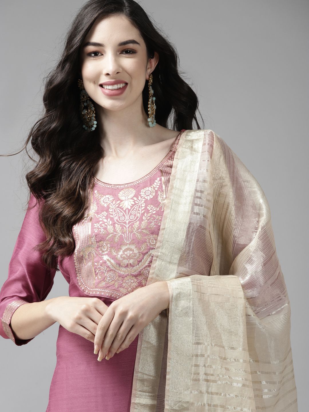 Indo Era Women Pink Yoke Design Regular Kurta with Palazzos & Dupatta Price in India