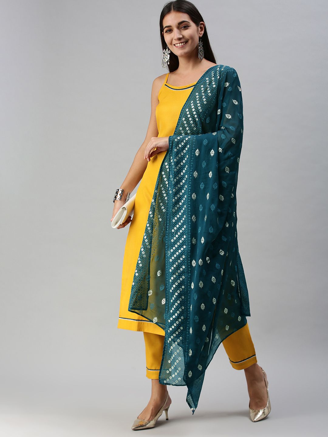 SheWill Women Mustard Yellow Regular Gotta Patti Kurta with Trousers & With Dupatta Price in India