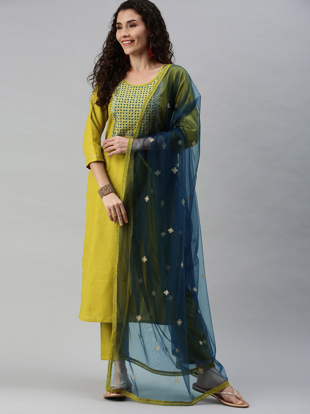 SheWill Women Green Yoke Design Regular Sequinned Kurta with Trousers & With Dupatta Price in India