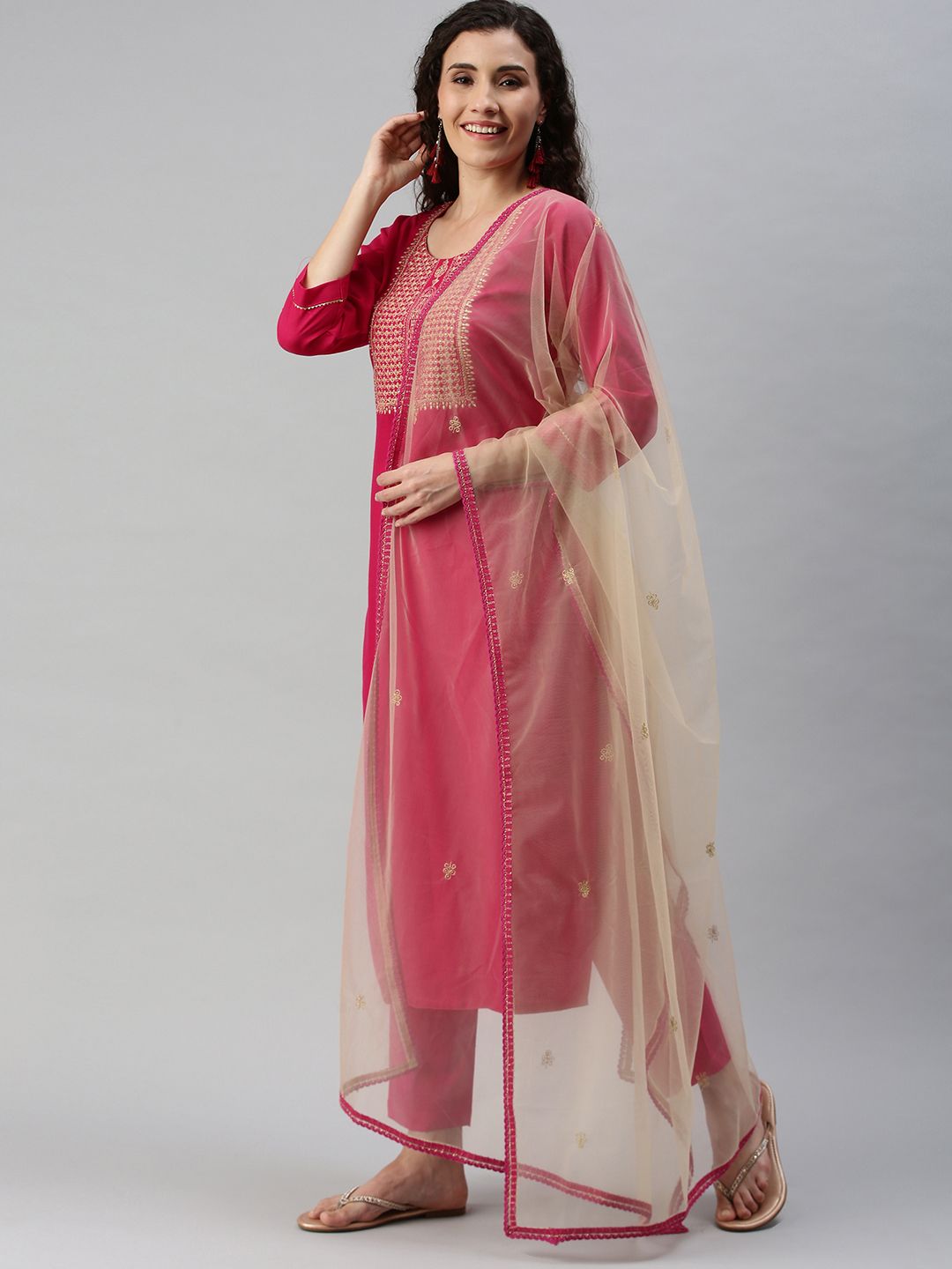 SheWill Women Magenta Ethnic Motifs Embroidered Regular Sequinned Kurta with Palazzos & With Dupatta Price in India