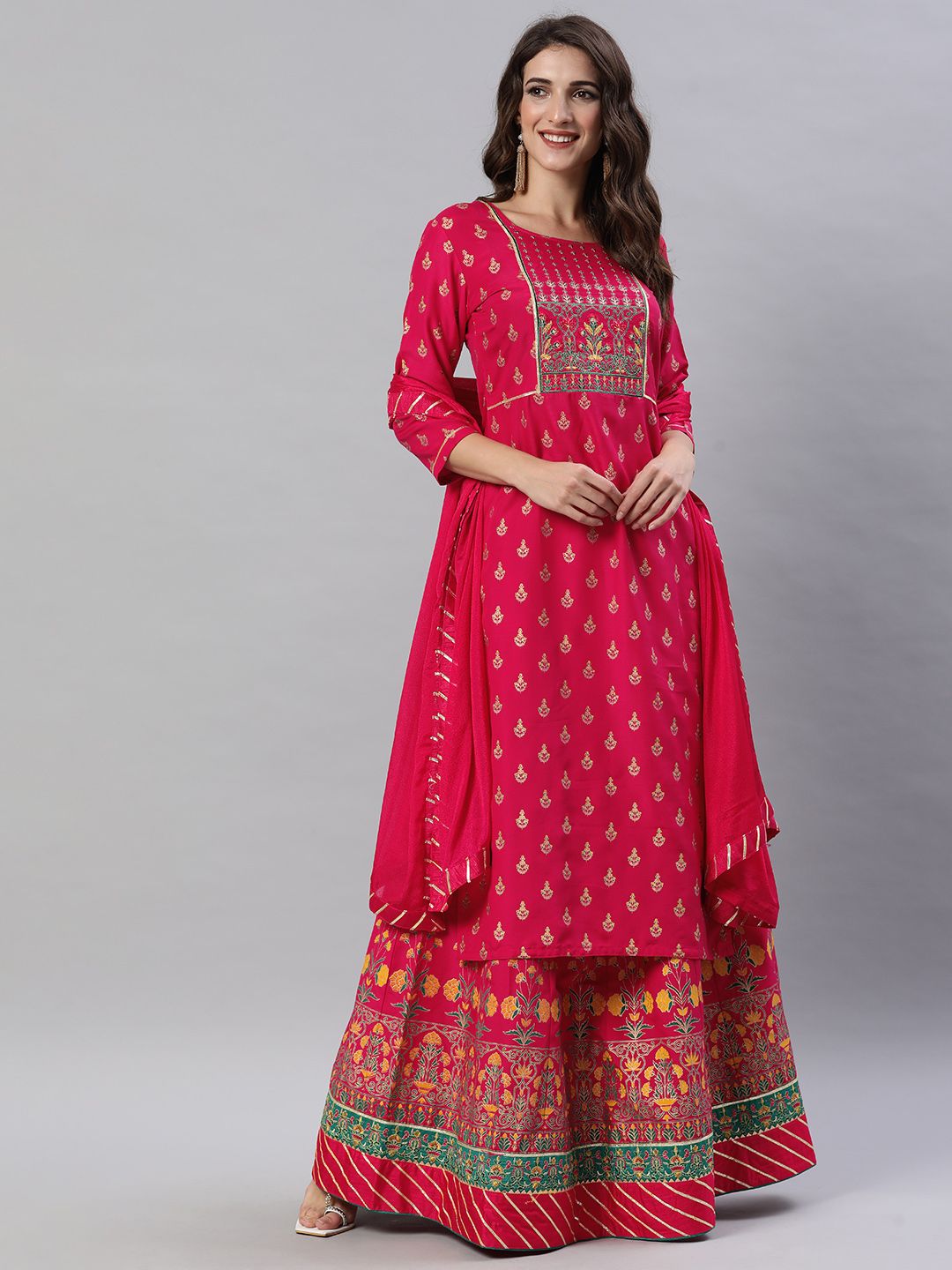 SheWill Women Rose Pink Ethnic Motifs Foil Printed Gotta Patti Kurta with Skirt & Dupatta Price in India