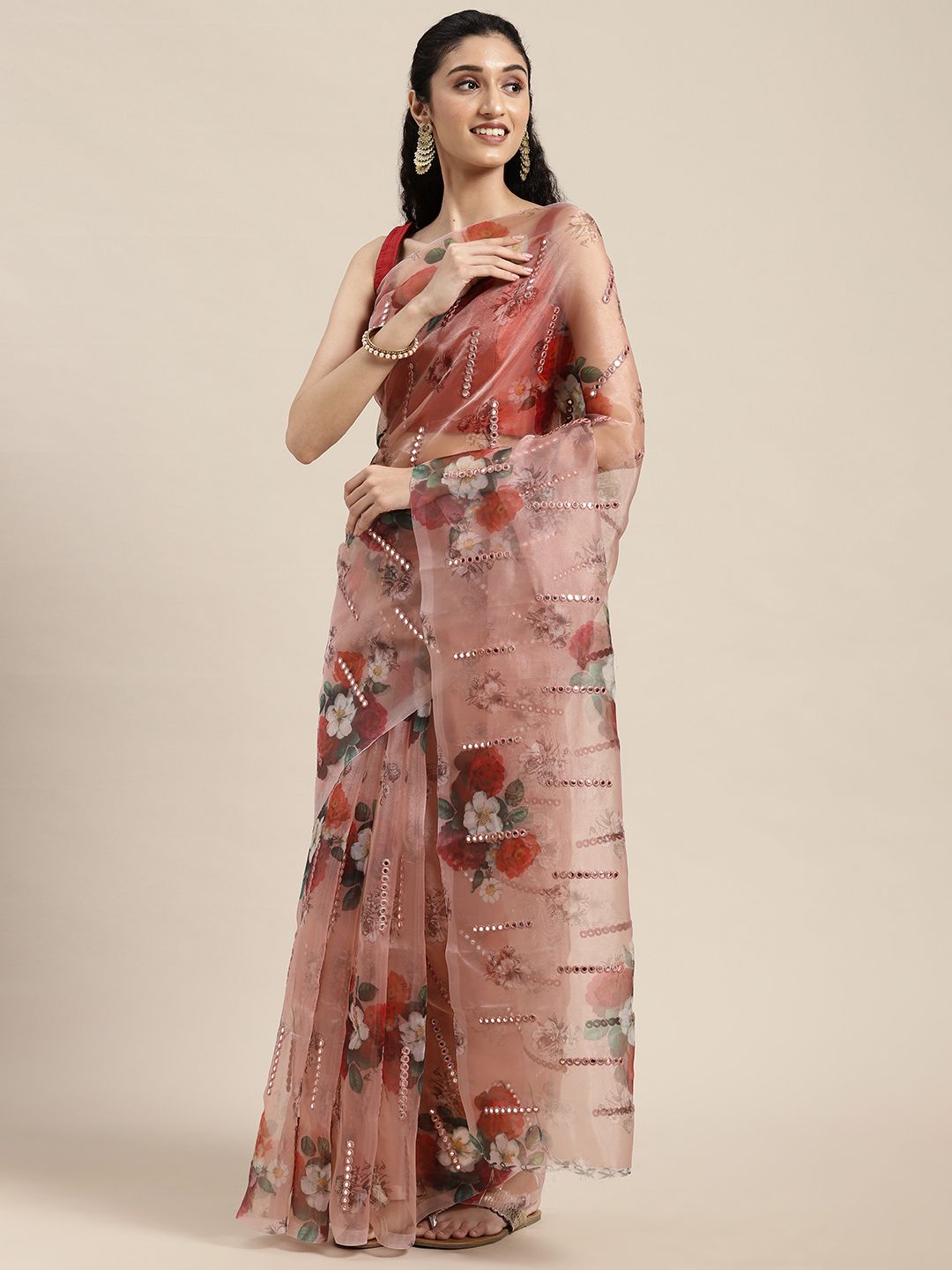 VASTRANAND Peach-Coloured Floral Mirror Work Organza Saree