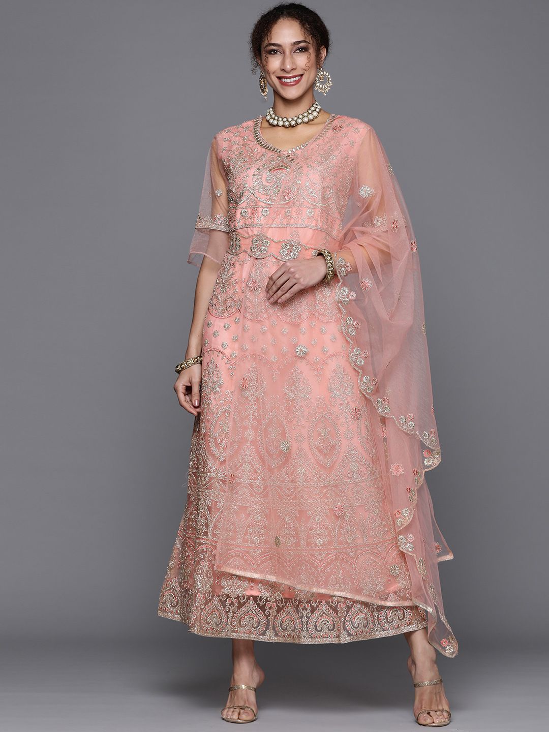 Chhabra 555 Pink Embroidered Semi-Stitched Dress Material Price in India