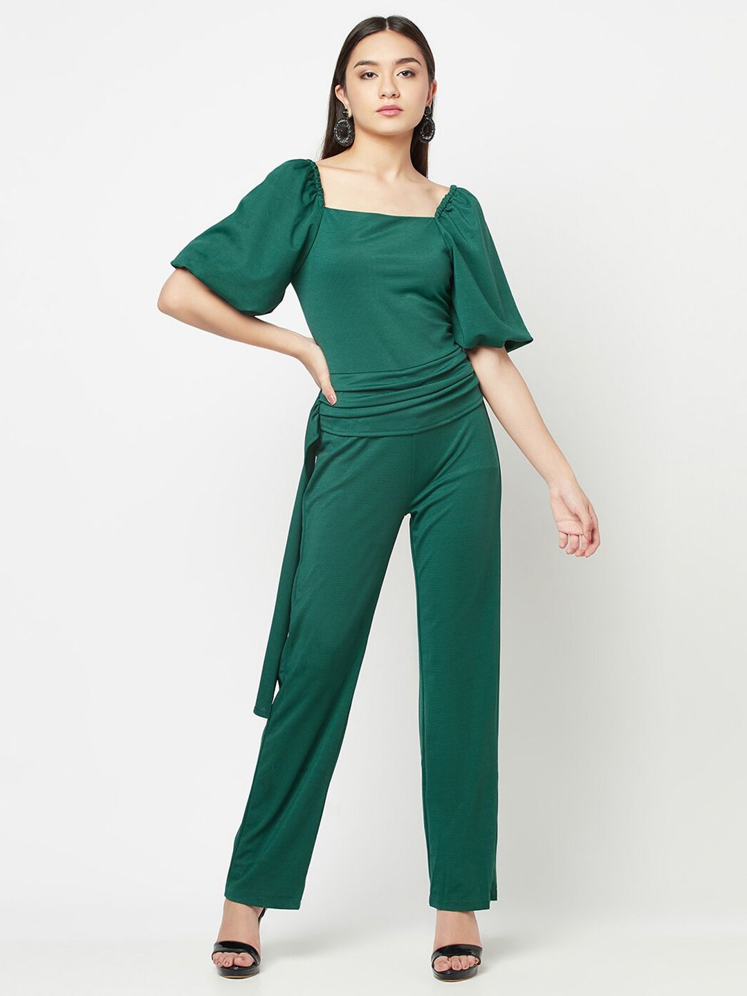 iki chic Green Puff Sleeves Wide Leg Waisted Jumpsuit Price in India