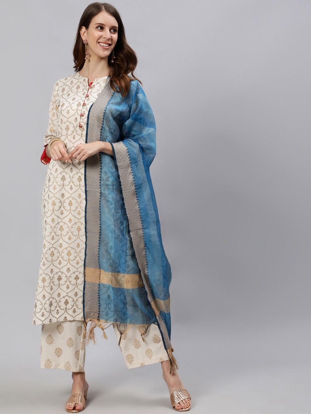 Jaipur Kurti Women Off White & Gold-Toned Ethnic Motifs Kurta With Palazzos & Dupatta Price in India