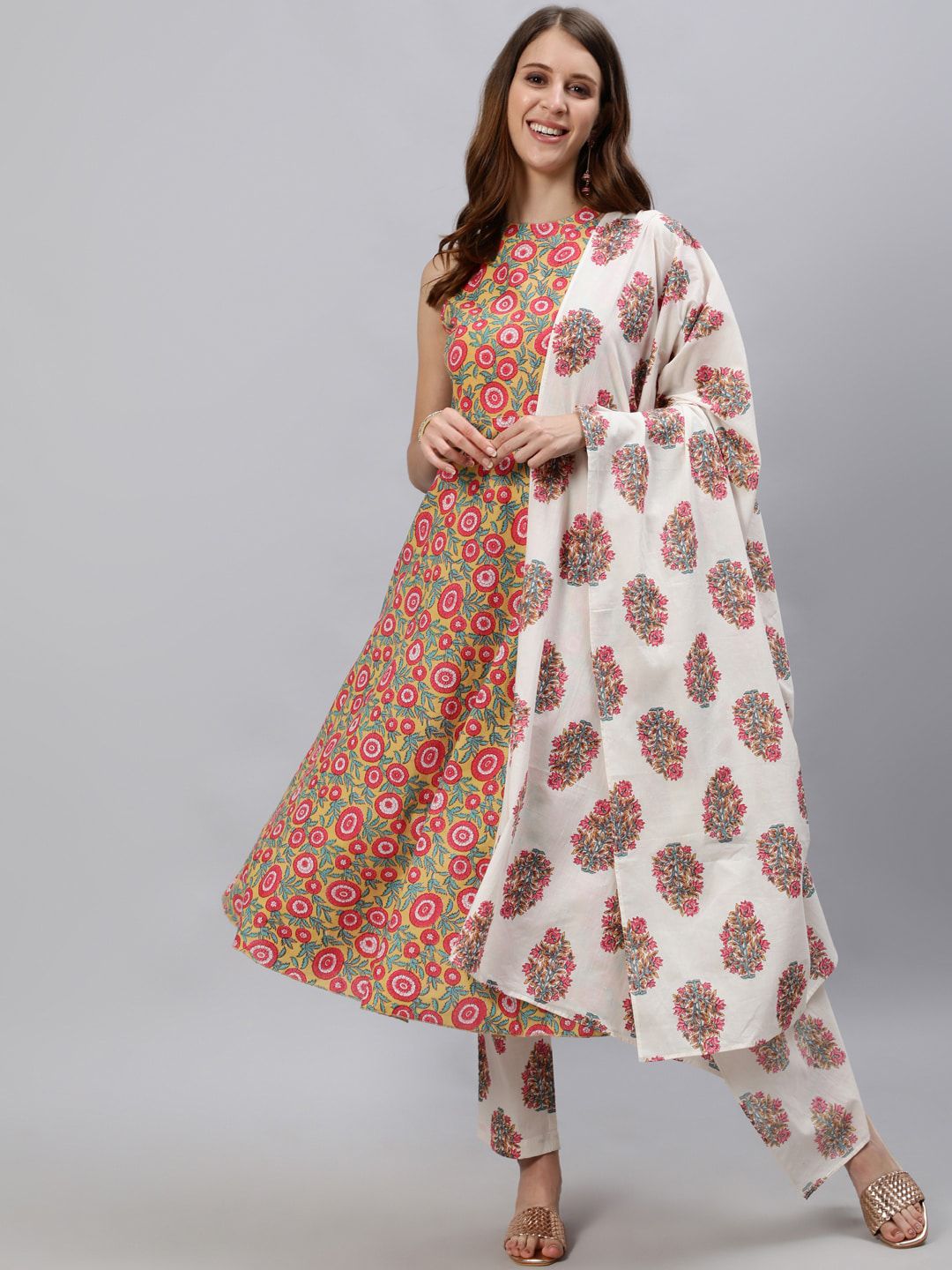 Jaipur Kurti Women Yellow & Pink Floral Pleated Pure Cotton Kurta with Trousers & Dupatta Price in India