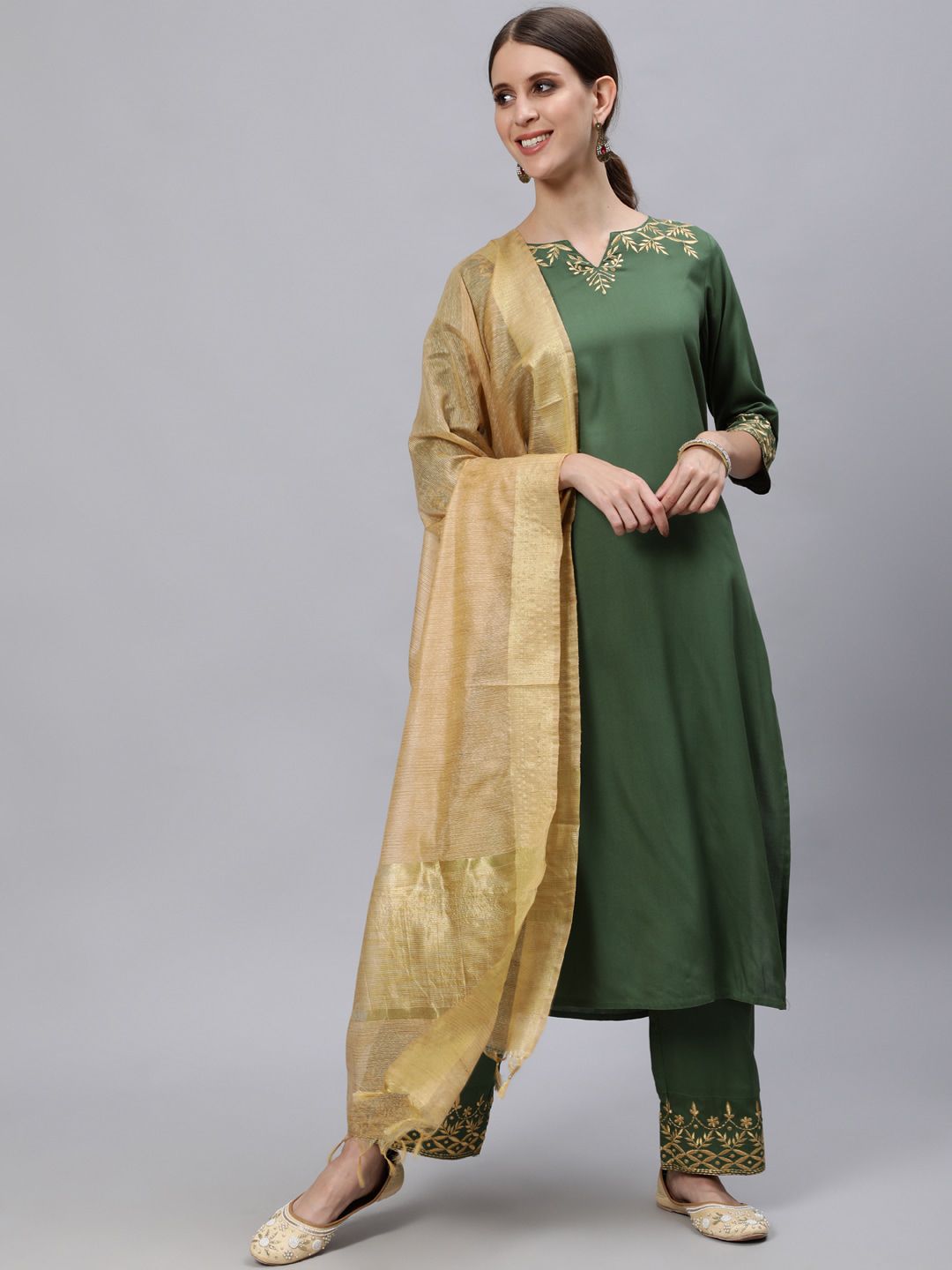 Jaipur Kurti Women Green & Gold-Toned Pleated Kurta With Trousers & Dupatta Price in India