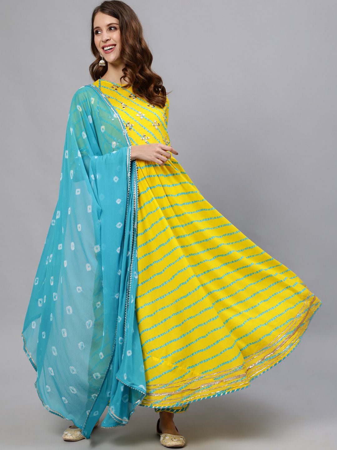 Jaipur Kurti Women Yellow & Blue Floral Striped Pure Cotton Kurta With Trousers & Dupatta Price in India