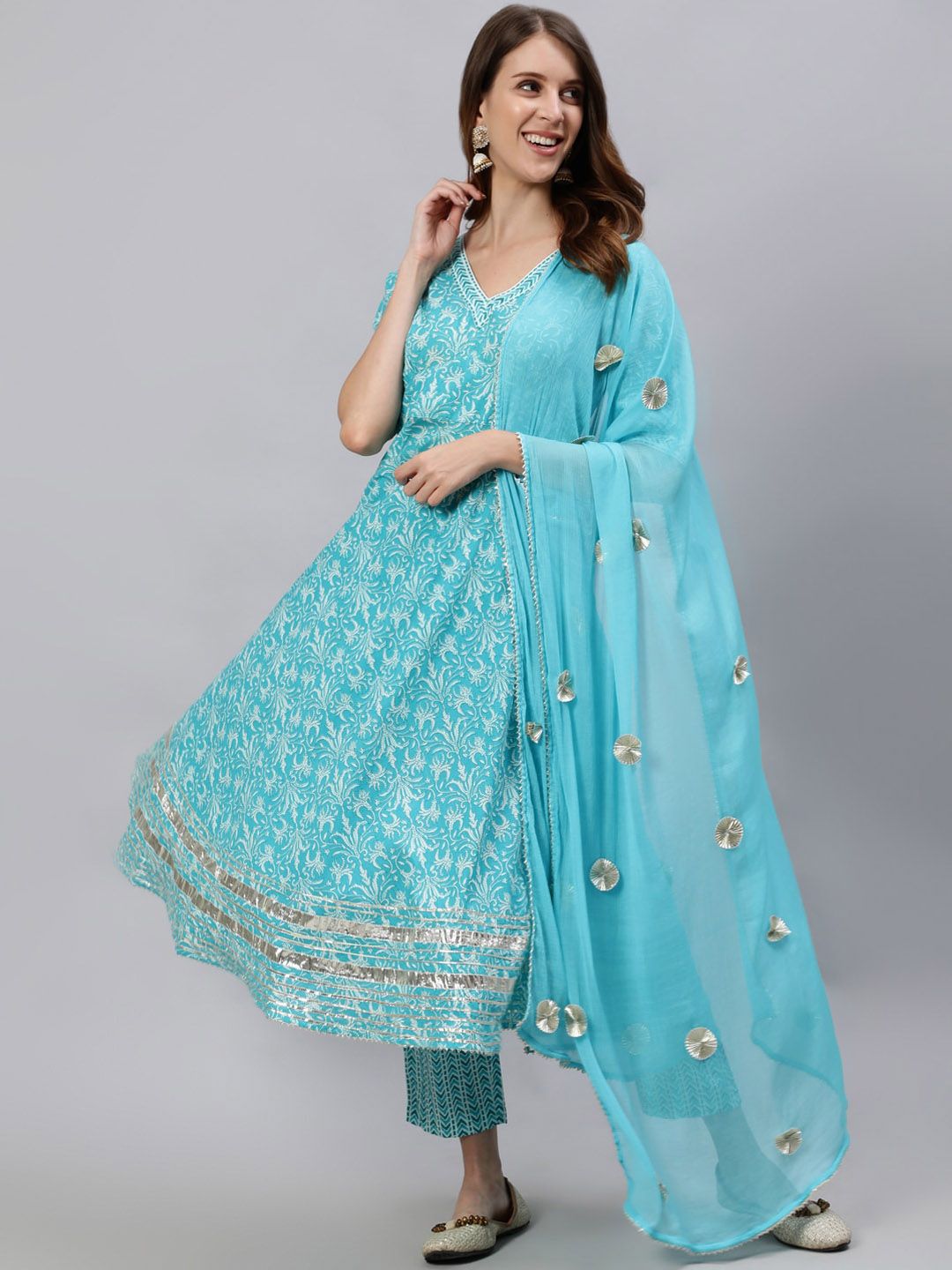 Jaipur Kurti Women Turquoise Blue Floral Printed Regular Kurta With Trousers & Dupatta Price in India