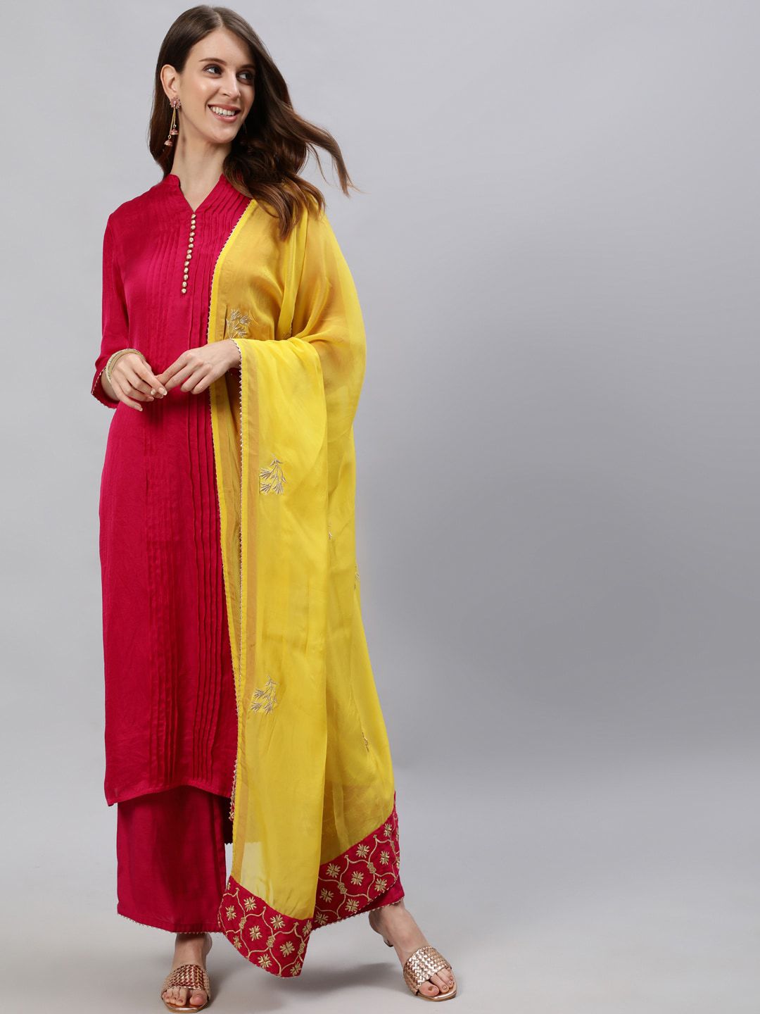 Jaipur Kurti Women Pink & Yellow Pleated Kurta With Palazzos & Dupatta Price in India