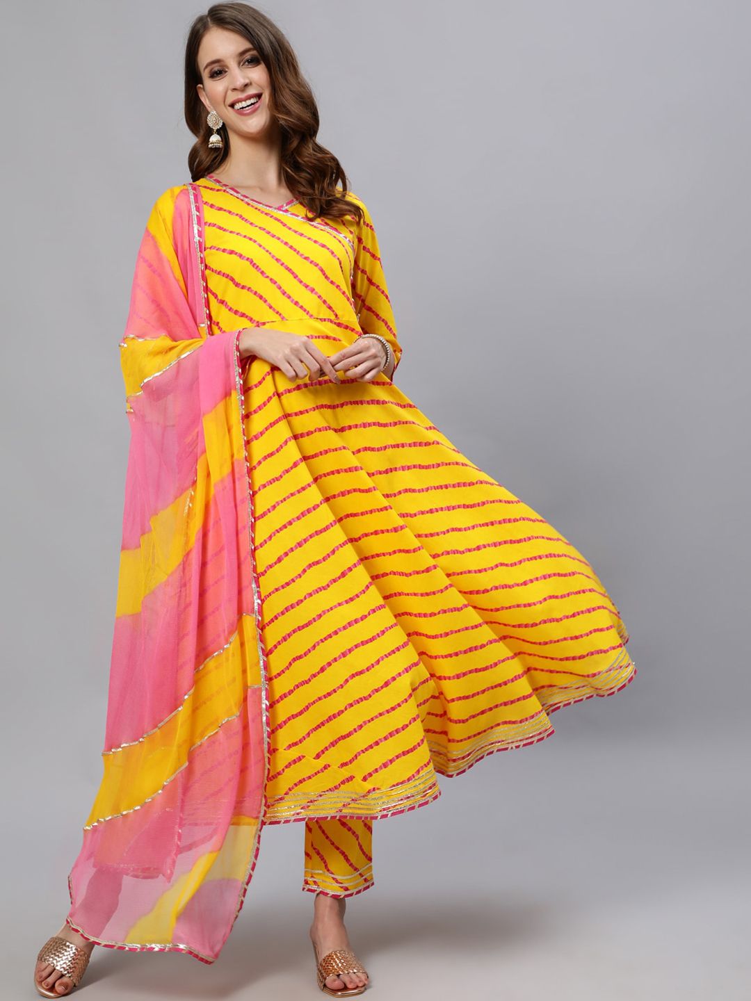 Jaipur Kurti Women Yellow & Pink Striped Angrakha Pure Cotton Kurta & Trousers & Dupatta Price in India