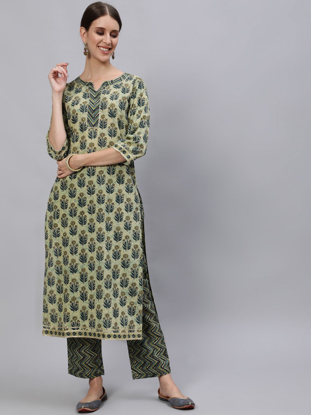 Jaipur Kurti Women Green & Yellow Ethnic Motifs Printed Pure Cotton Kurta With Trousers Price in India