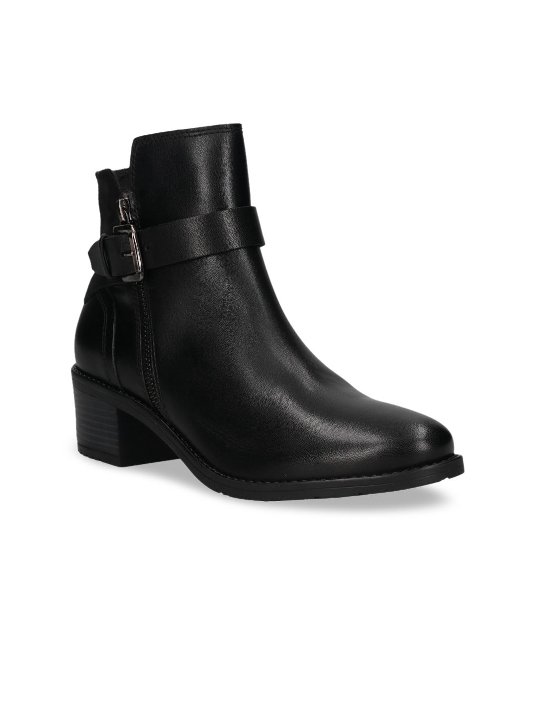 Bugatti Black Solid High-Top Leather Block Heeled Boots with Buckles Price in India