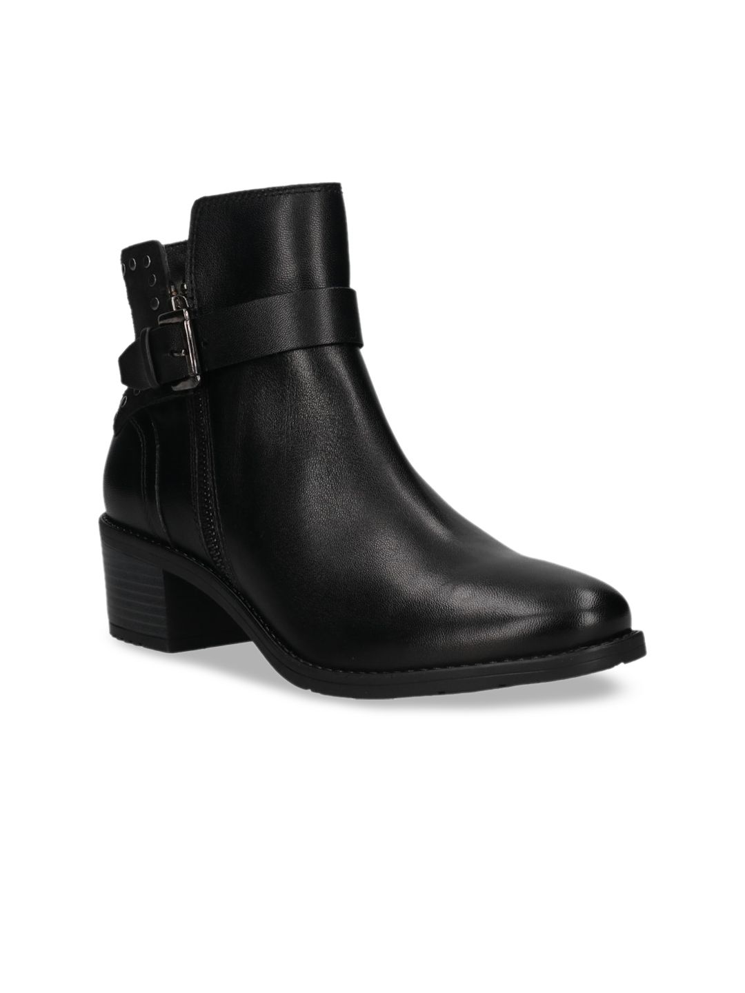 Bugatti Women Black Leather High-Top Block Heeled Boots with Buckles Price in India