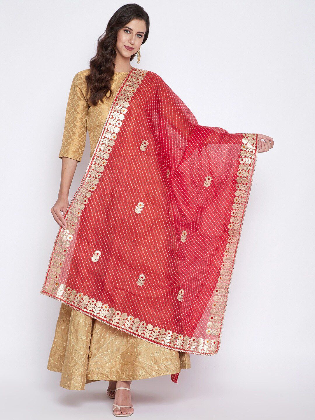 Clora Creation Red & Gold-Toned Embroidered Dupatta Price in India