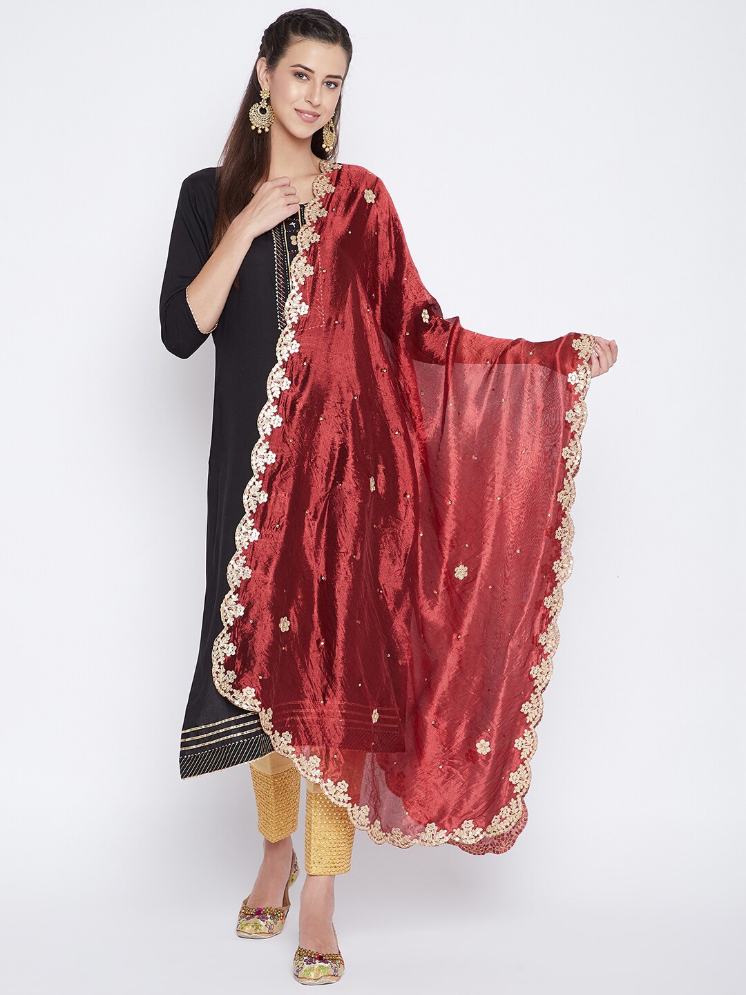 Clora Creation Maroon & Gold-Toned Embroidered Dupatta with Gotta Patti Price in India