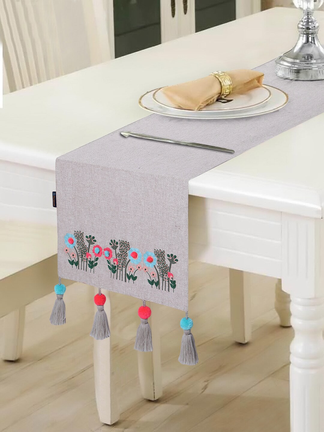 Mezposh Grey & Red Floral Embroidered Cotton 6-Seater Table Runner With Tassels Price in India