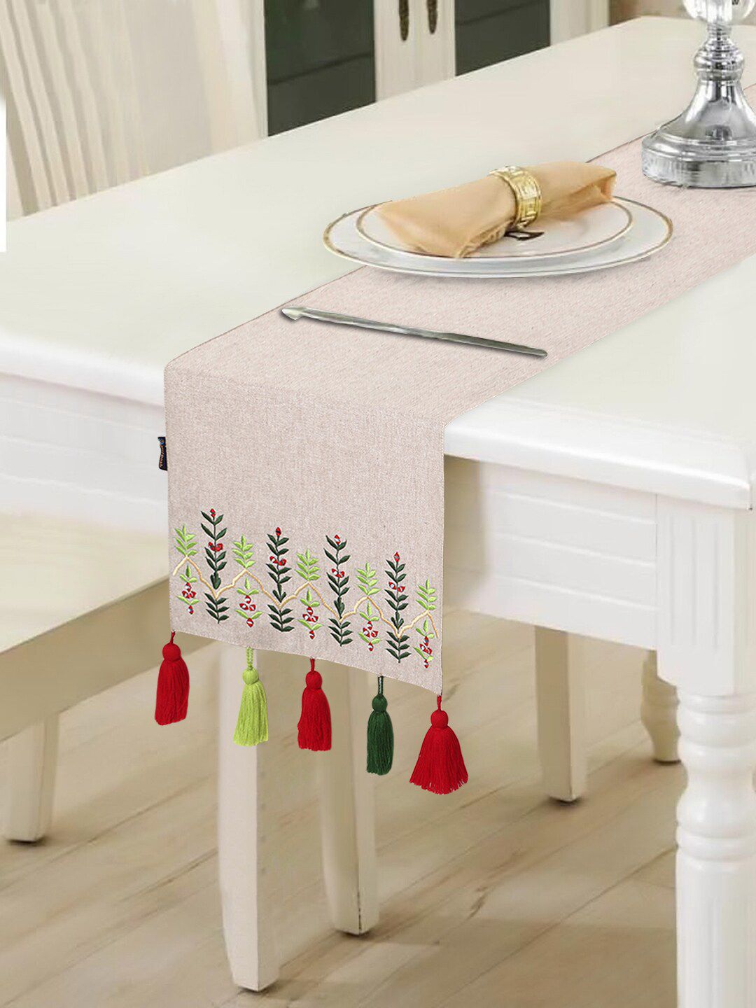 Mezposh Unisex Beige & Red Floral Embroidered 6-Seater Table Runner With Tassels Price in India