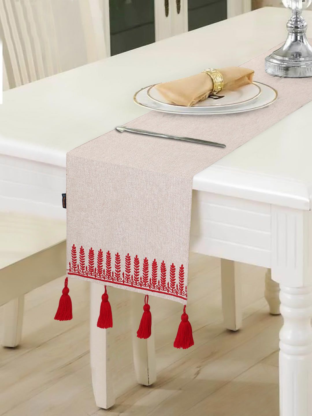 Mezposh Unisex Beige & Red Ethnic Motifs Embroidered 6-Seater Table Runner With Tassels Price in India