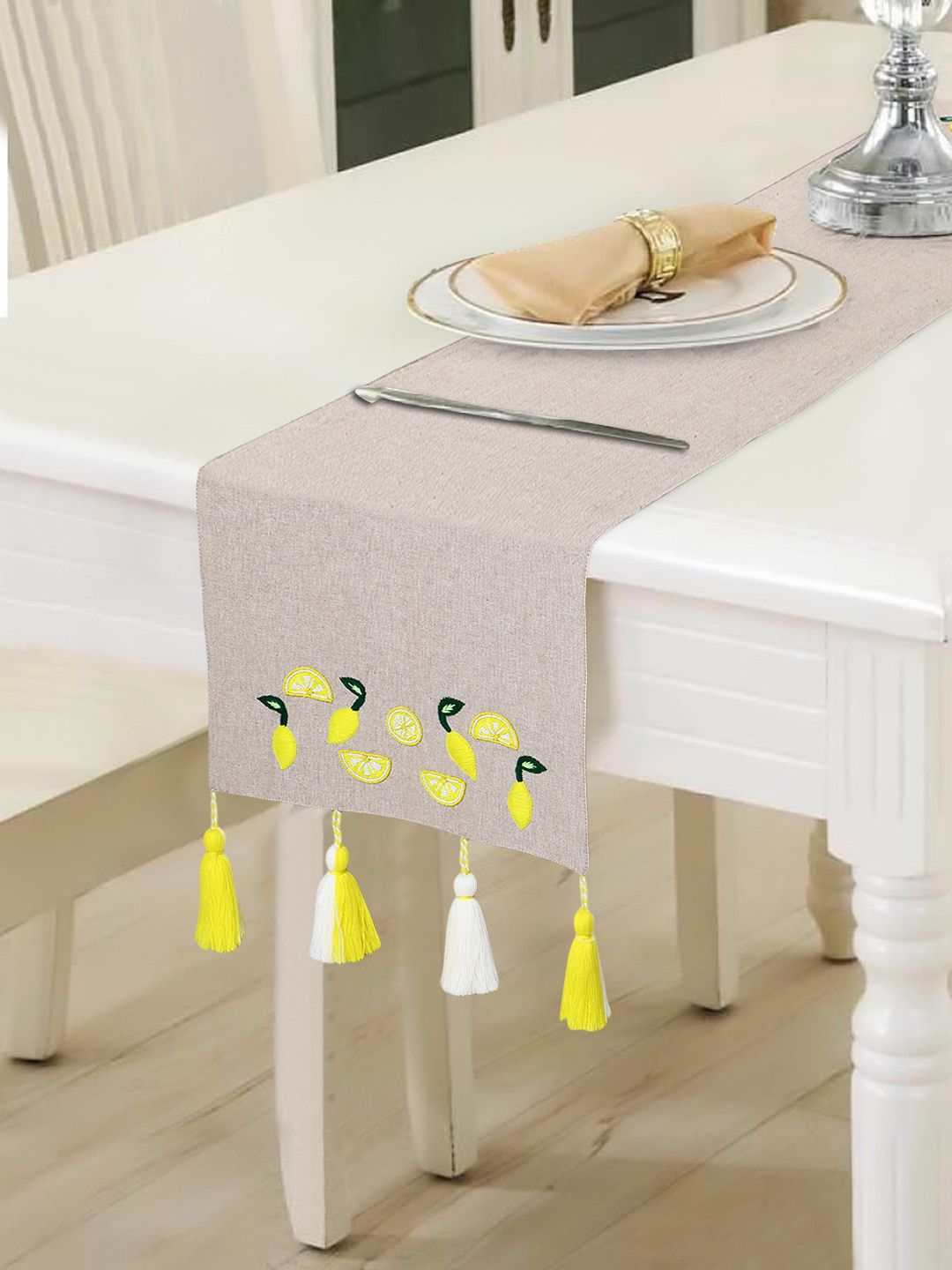 Mezposh Unisex Beige Quirky Embroidered 6- Seater Table Runner With Tassels Price in India