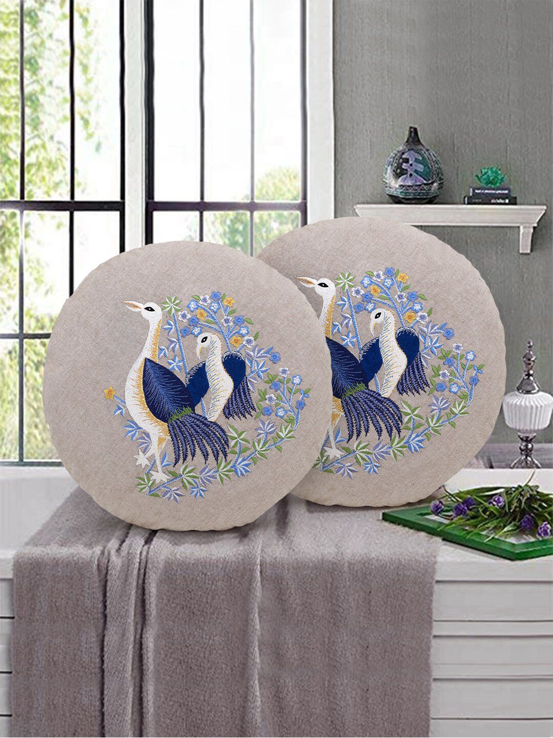 Mezposh Set Of 2 Beige & Blue Quirky Bird Embroidered Cotton Round Cushion Covers Price in India