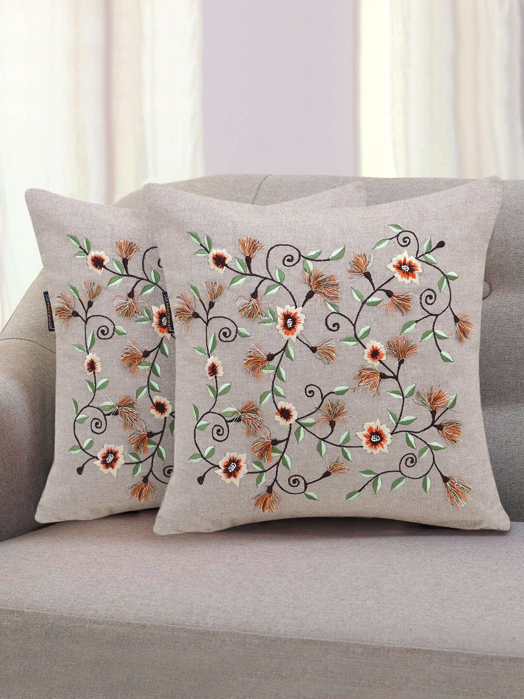 Mezposh Set Of 2 Beige & Green Floral Embroidered Cotton Chambray Square Cushion Covers Price in India