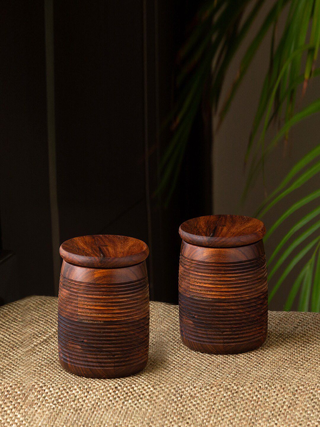 ExclusiveLane Set of 2 Brown Solid Wooden Canisters With Lids Price in India