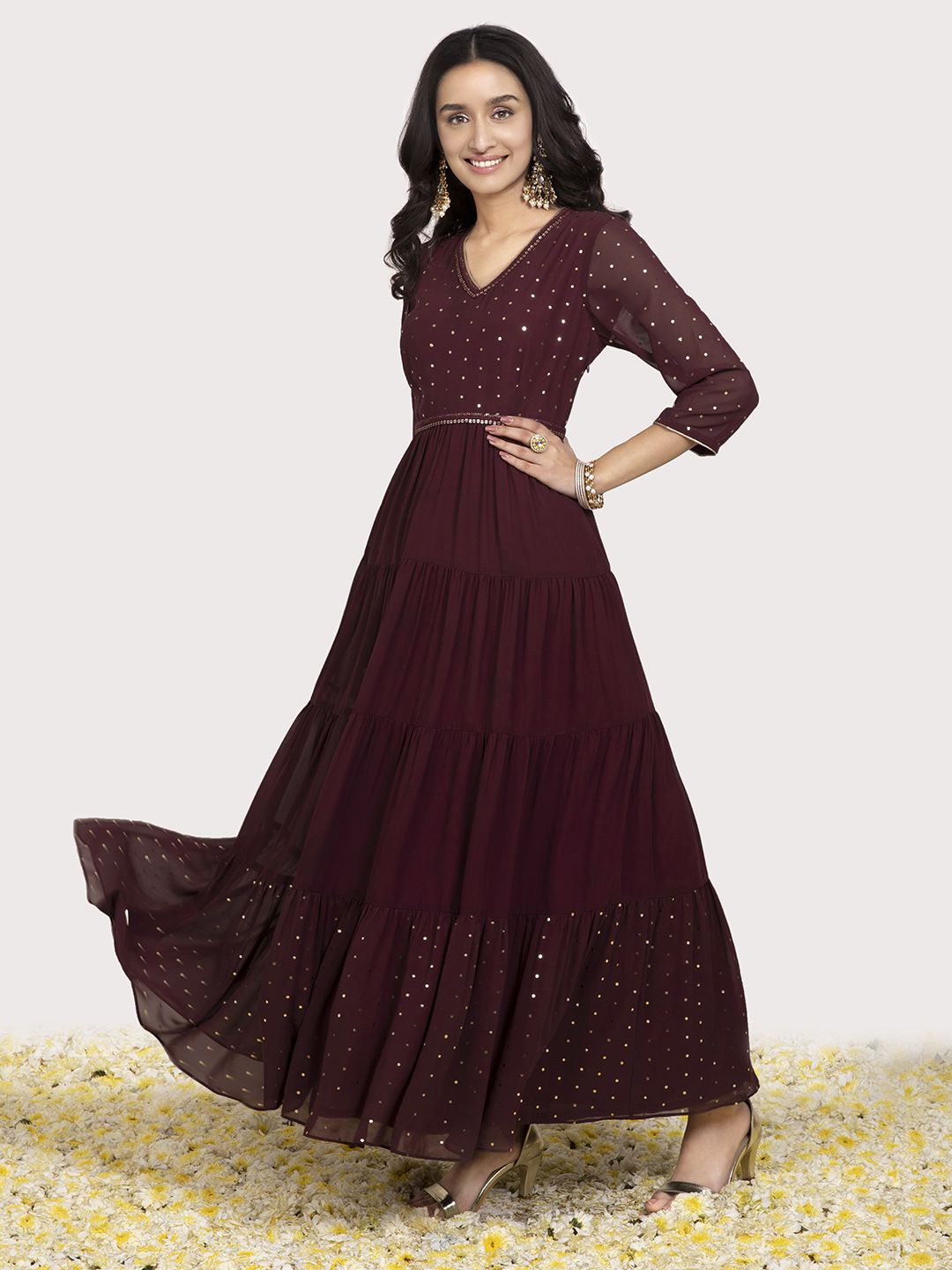 INDYA X Shraddha Kapoor Maroon & Gold-Coloured Polka Foil Embellished Georgette Ethnic Tiered Maxi Dress Price in India
