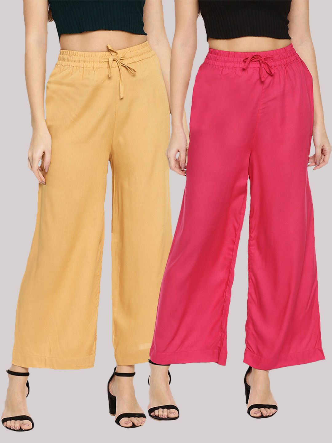 TWIN BIRDS Women Pack of 2 Mustard Yellow & Pink Solid Wide Leg Palazzos Price in India