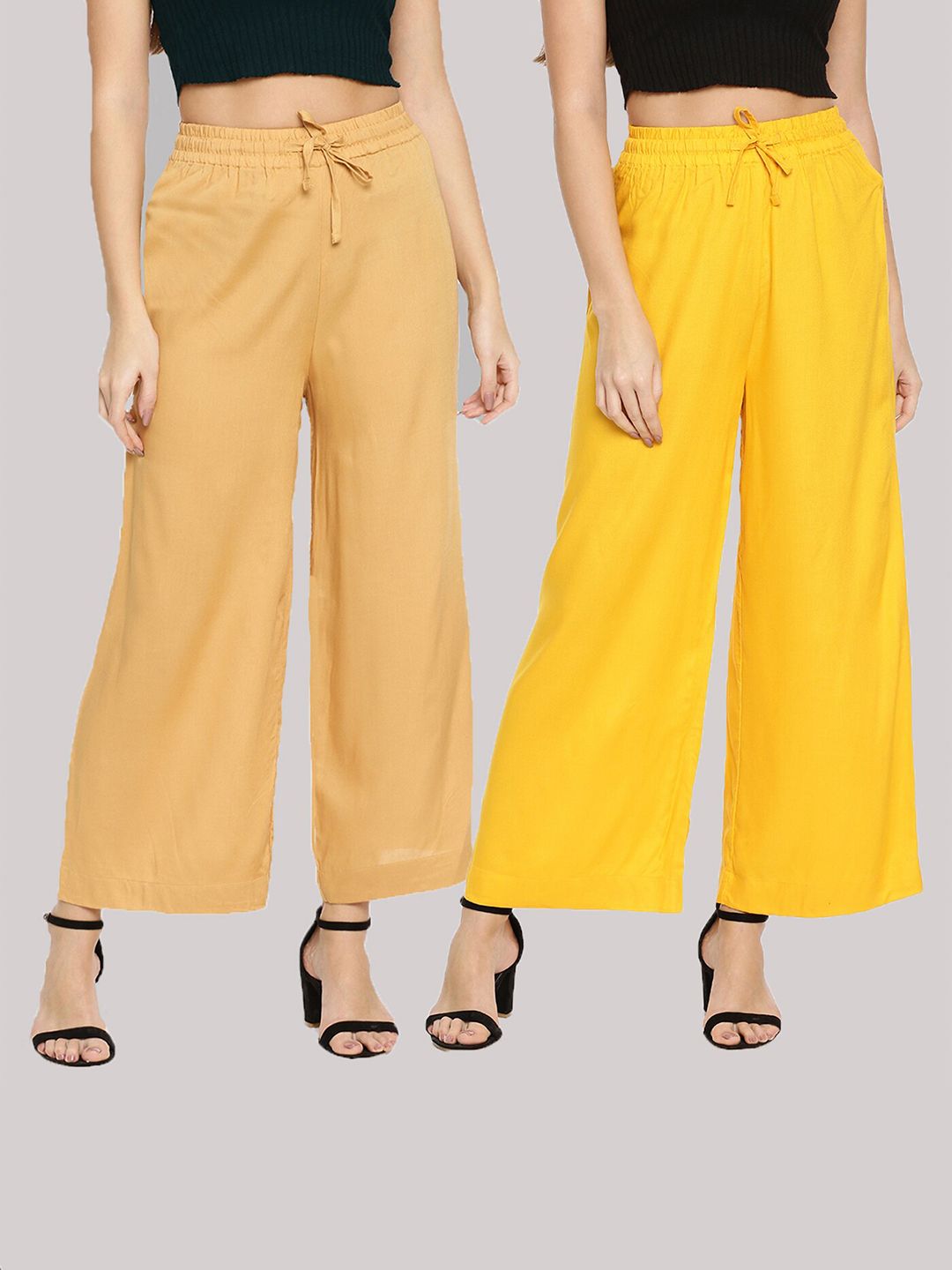 TWIN BIRDS Women Pack of 2 Yellow & Mustard Yellow Solid Wide Leg Palazzos Price in India