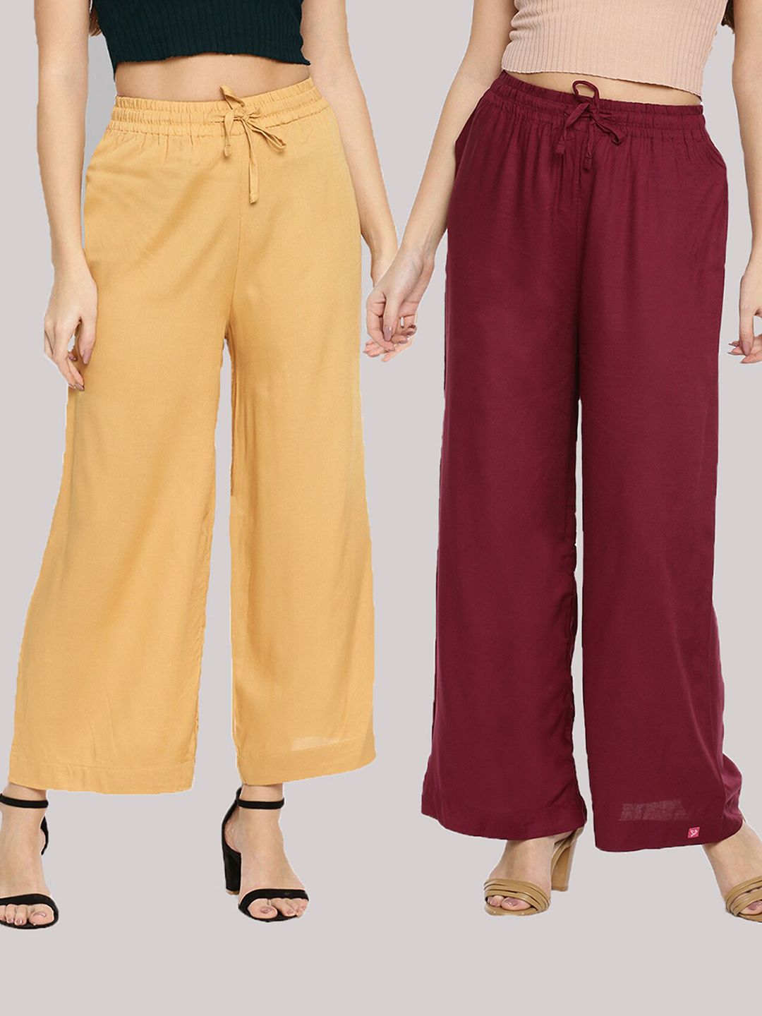 TWIN BIRDS Women Pack Of 2 Mustard & Maroon Solid Wide Leg Palazzos