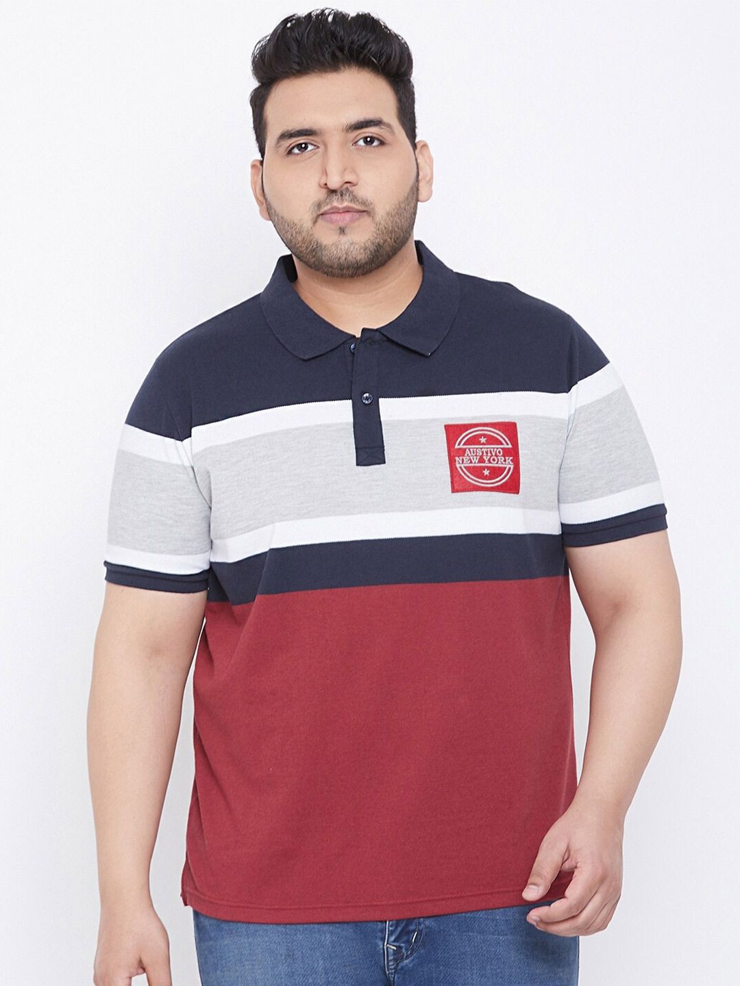 AUSTIVO Men Multicoloured Colourblocked Polo Collar Applique T-shirt