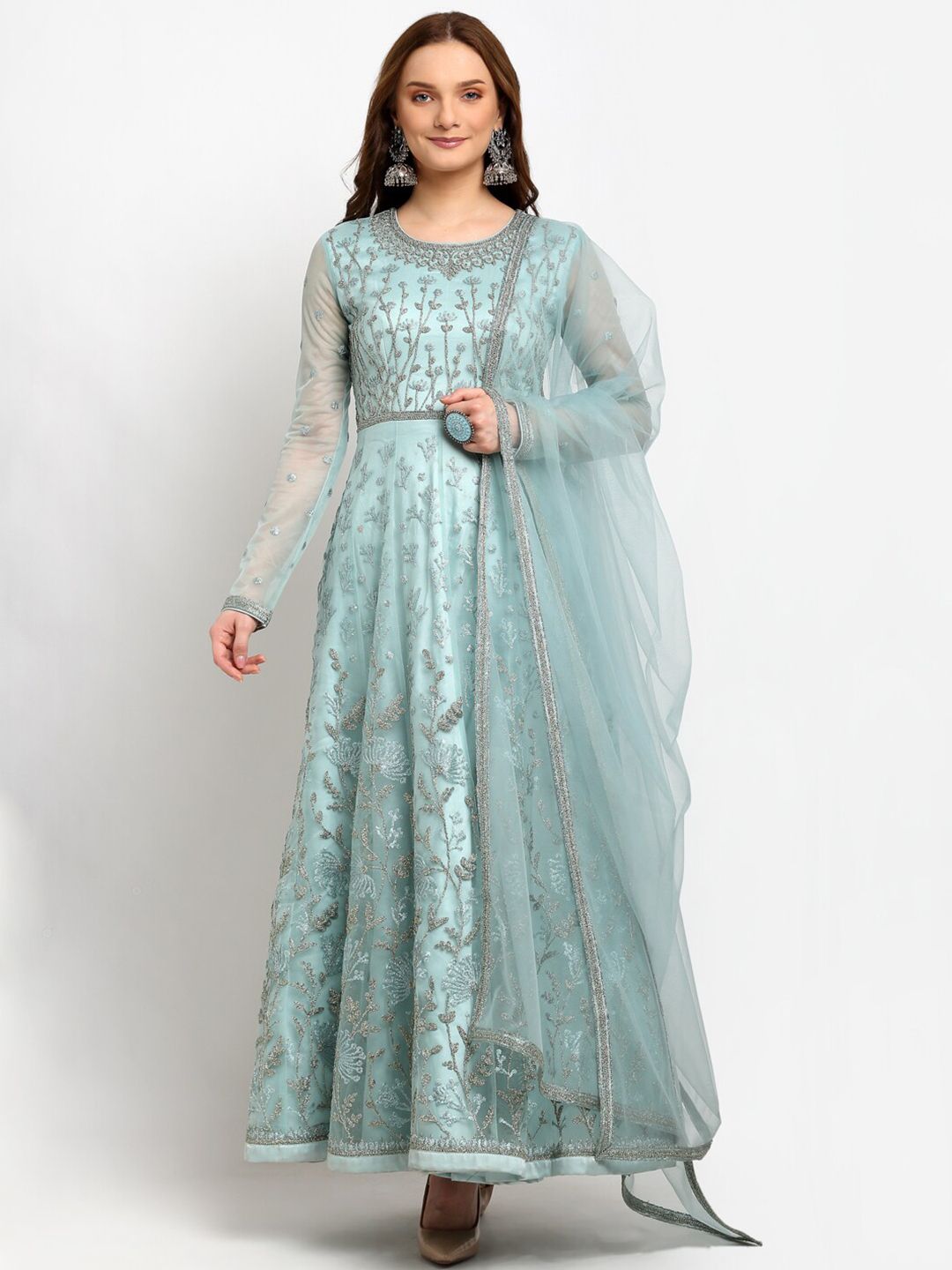 Stylee LIFESTYLE Blue & Silver-Toned Embroidered Semi-Stitched Dress Material Price in India