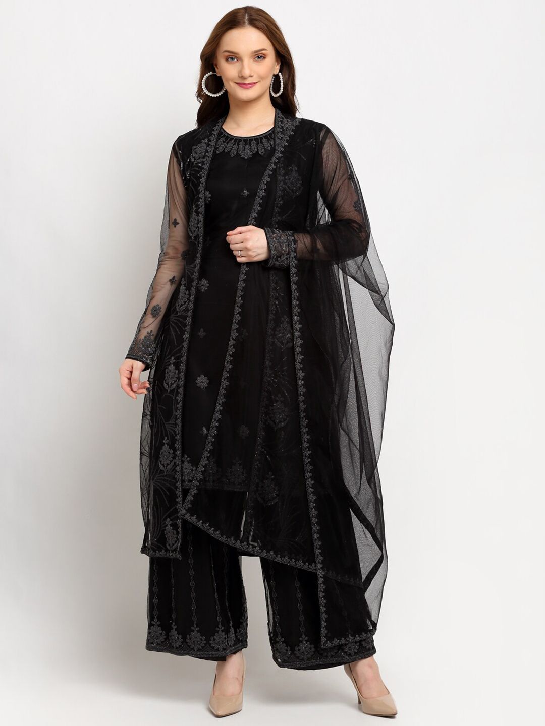 Stylee LIFESTYLE Black & Silver-Toned Embroidered Semi-Stitched Net Dress Material Price in India