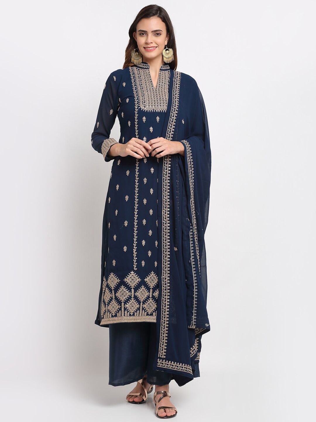 Stylee LIFESTYLE Navy Blue & Gold-Toned Embroidered Semi-Stitched Dress Material Price in India