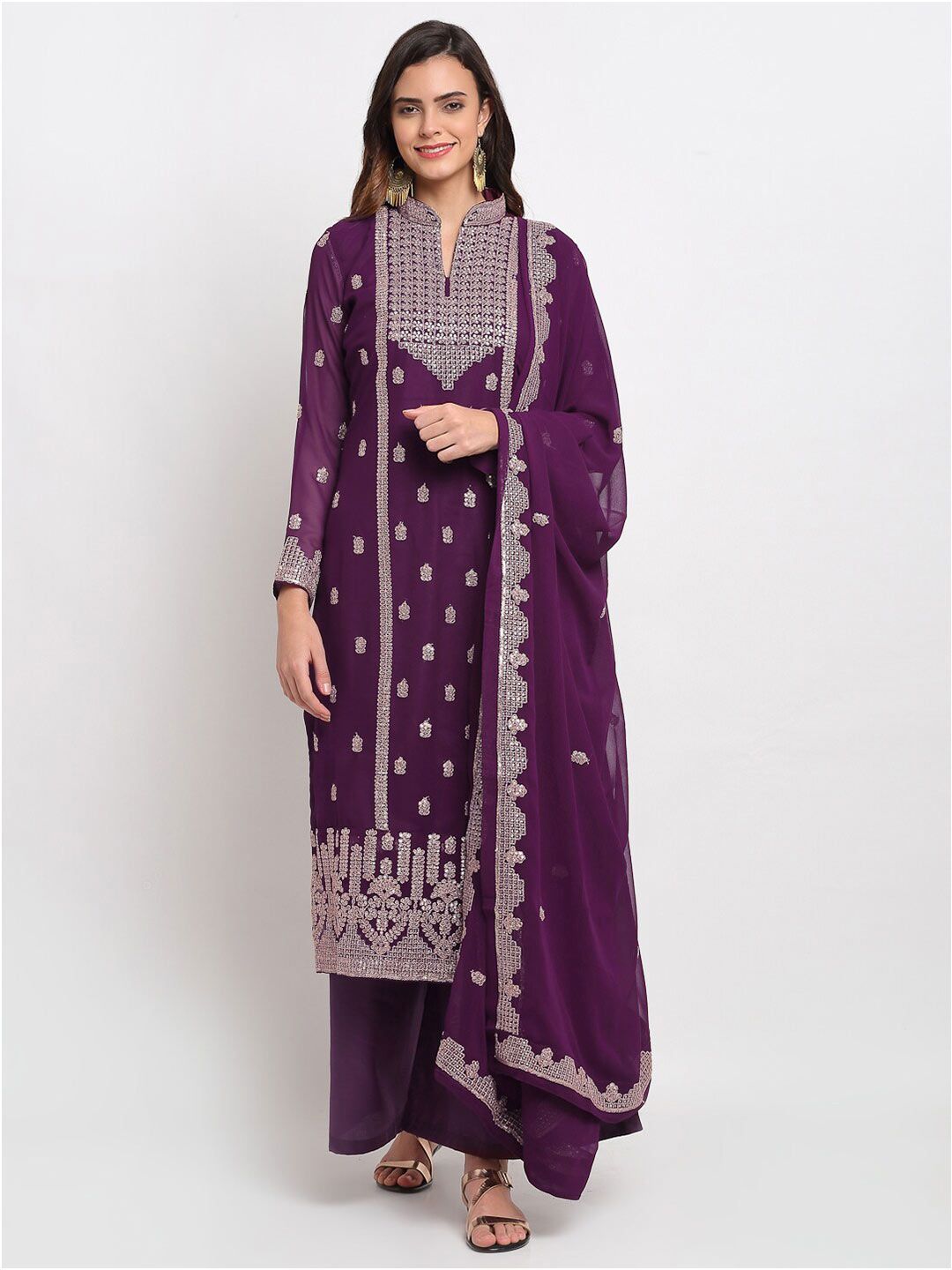 Stylee LIFESTYLE Purple & Gold-Toned Embroidered Semi-Stitched Dress Material Price in India