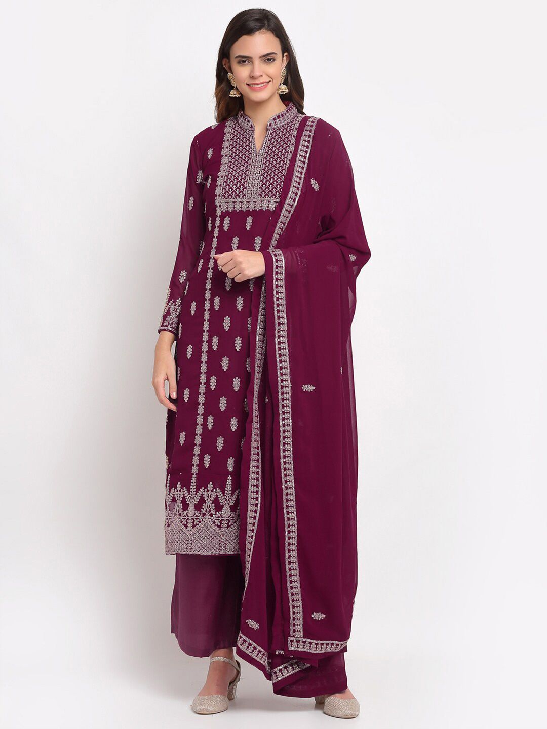 Stylee LIFESTYLE Maroon & Gold-Toned Embroidered Semi-Stitched Dress Material Price in India