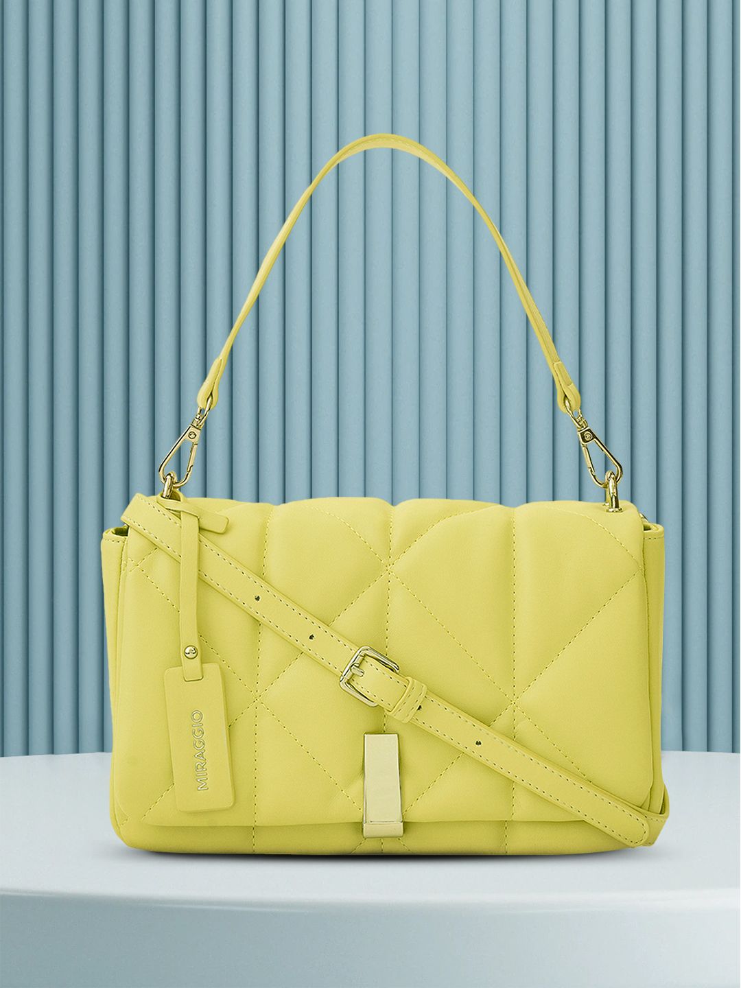 MIRAGGIO Yellow Textured Structured Handheld Bag with Quilted Price in India