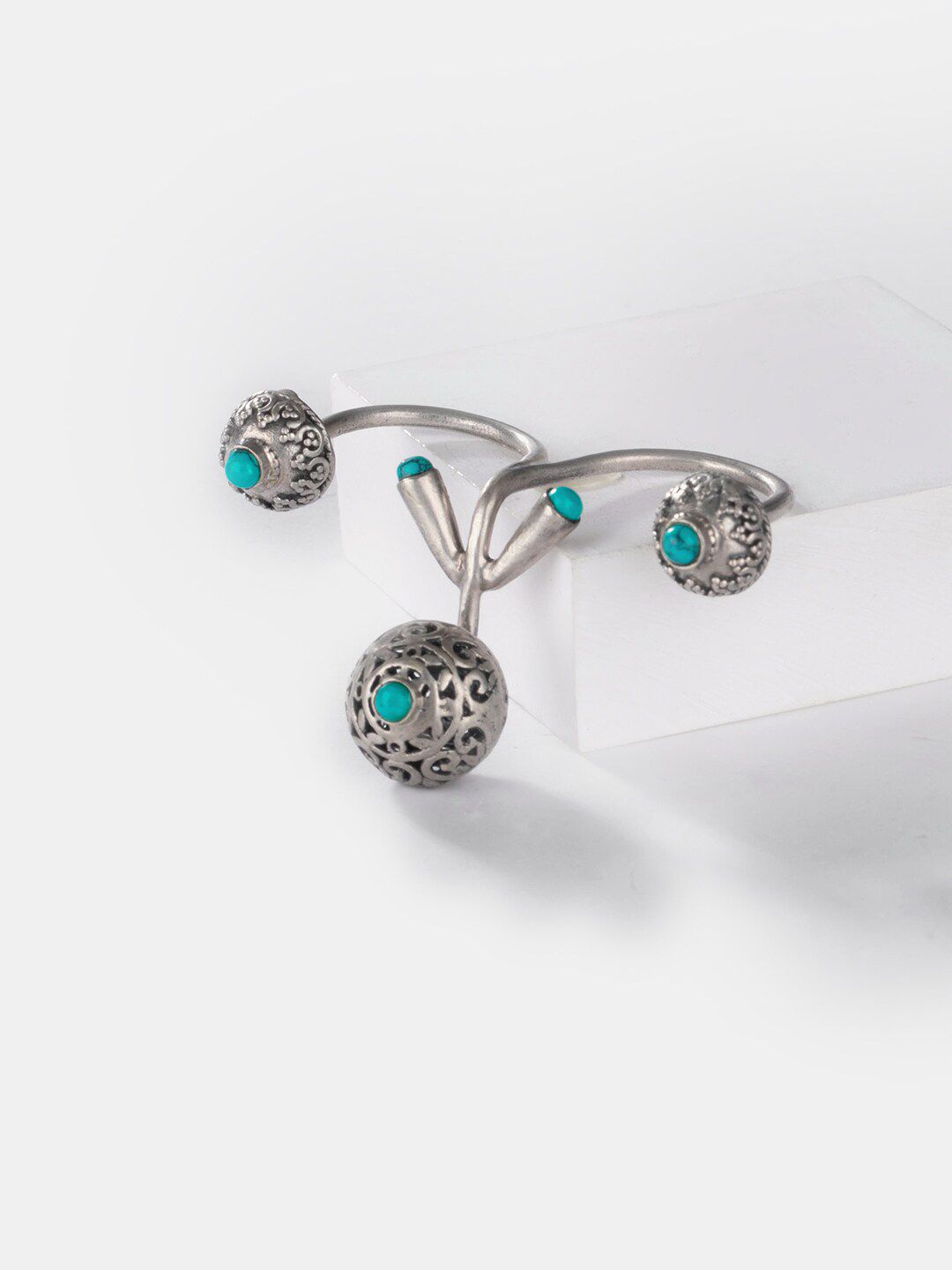 SHAYA Oxidised 925 Silver-Toned & Turquoise Blue Stone-Studded Antique Handcrafted Finger Ring Price in India