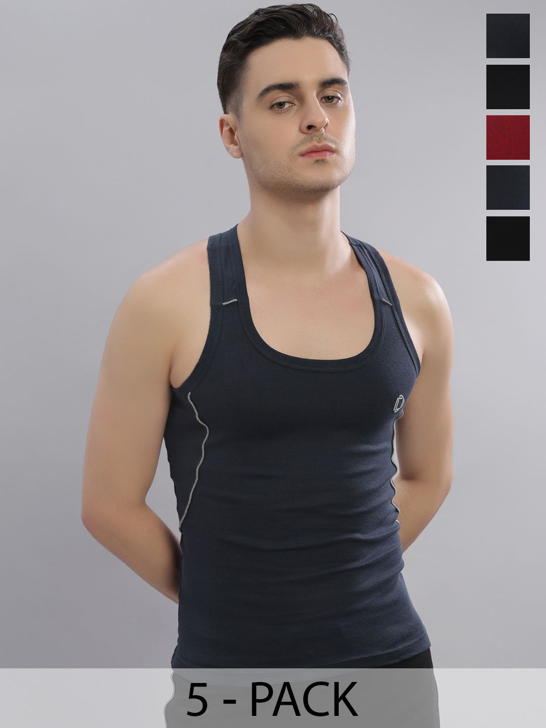 Dollar Bigboss Men Solid Pack of 5 Cotton Racerback Styled Gym Vest
