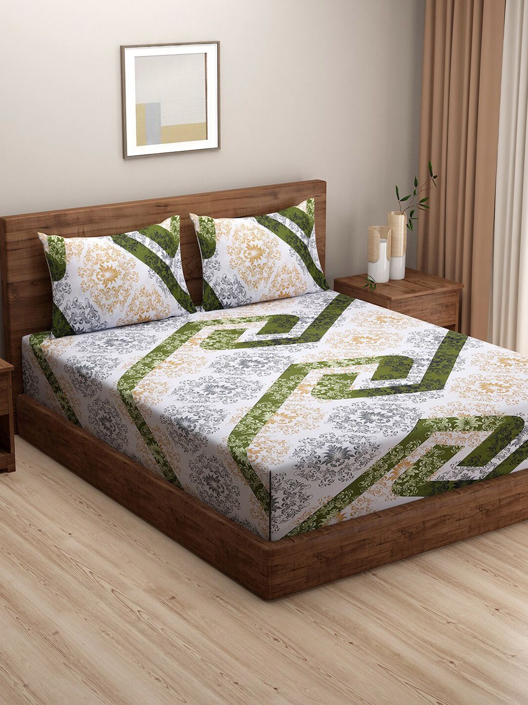 SWAYAM White & Green Ethnic Motifs 144 TC Cotton King Bedsheet with 2 Pillow Covers Price in India
