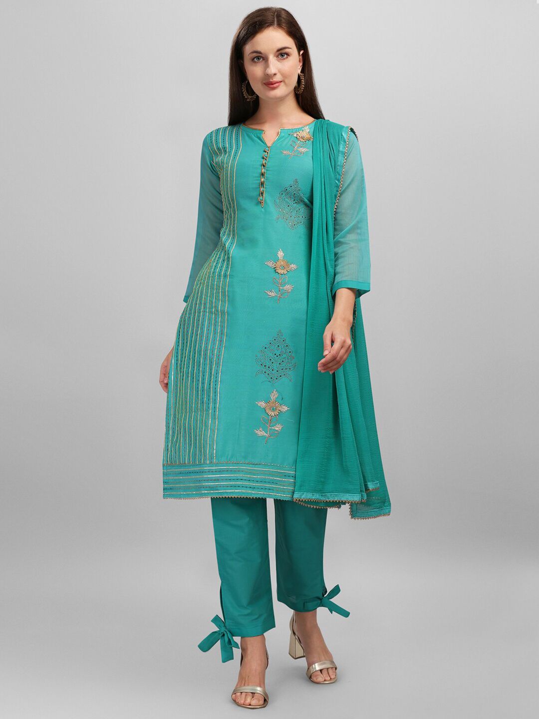 mf Turquoise Blue & Beige Embroidered Unstitched Dress Material Price in India