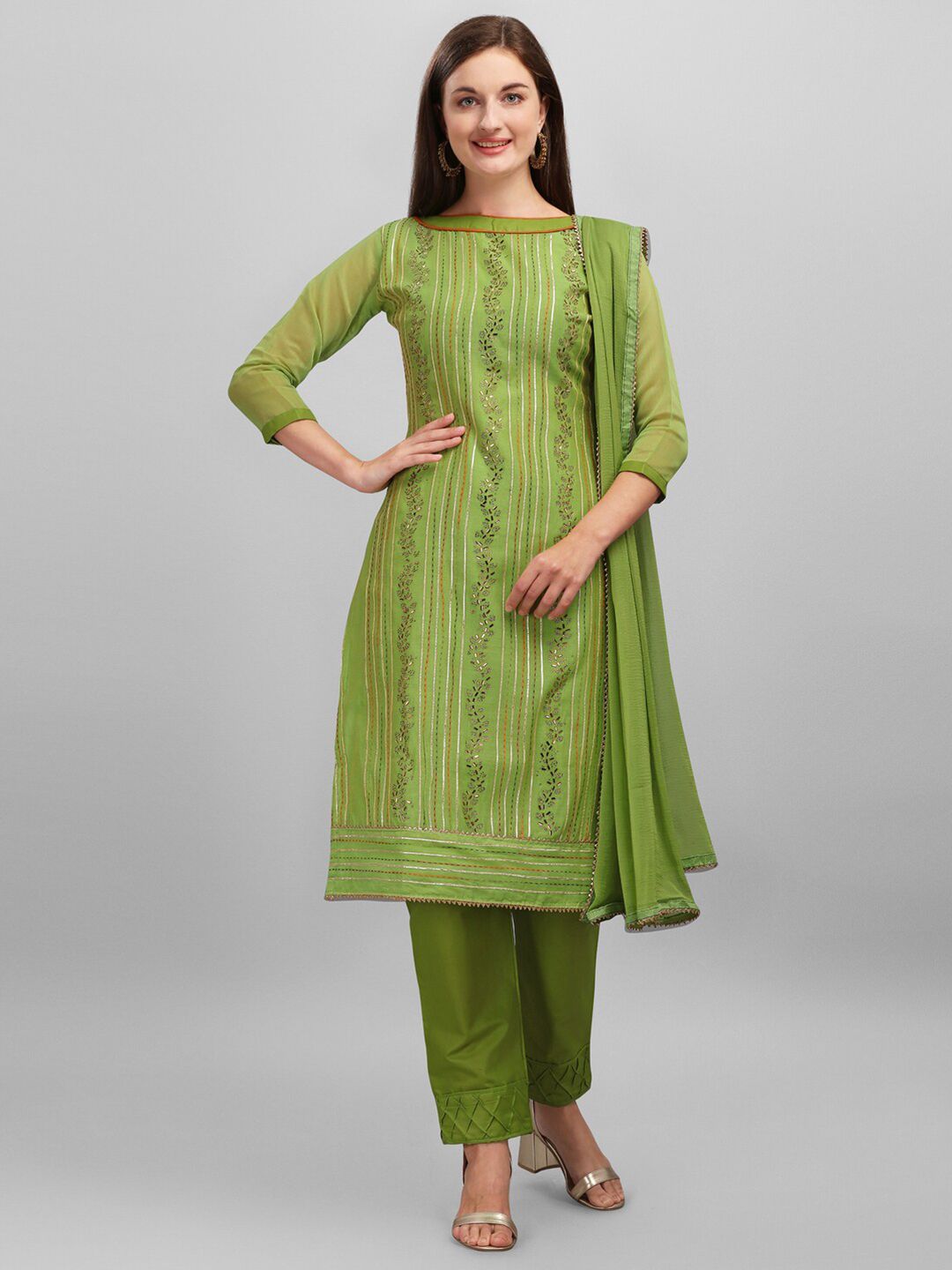 mf Green & Beige Embroidered Unstitched Dress Material Price in India
