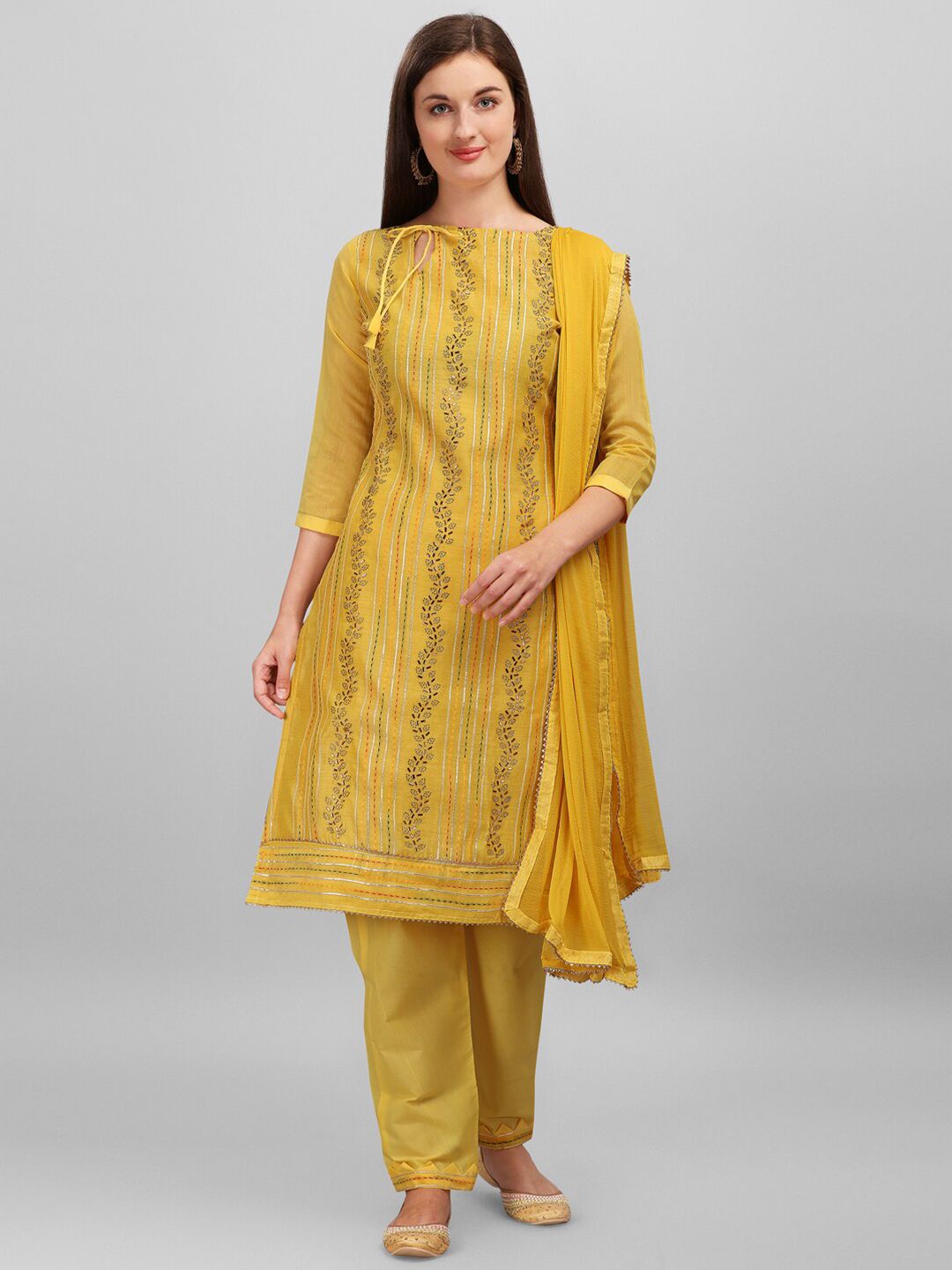 mf Yellow & Red Embroidered Unstitched Dress Material Price in India