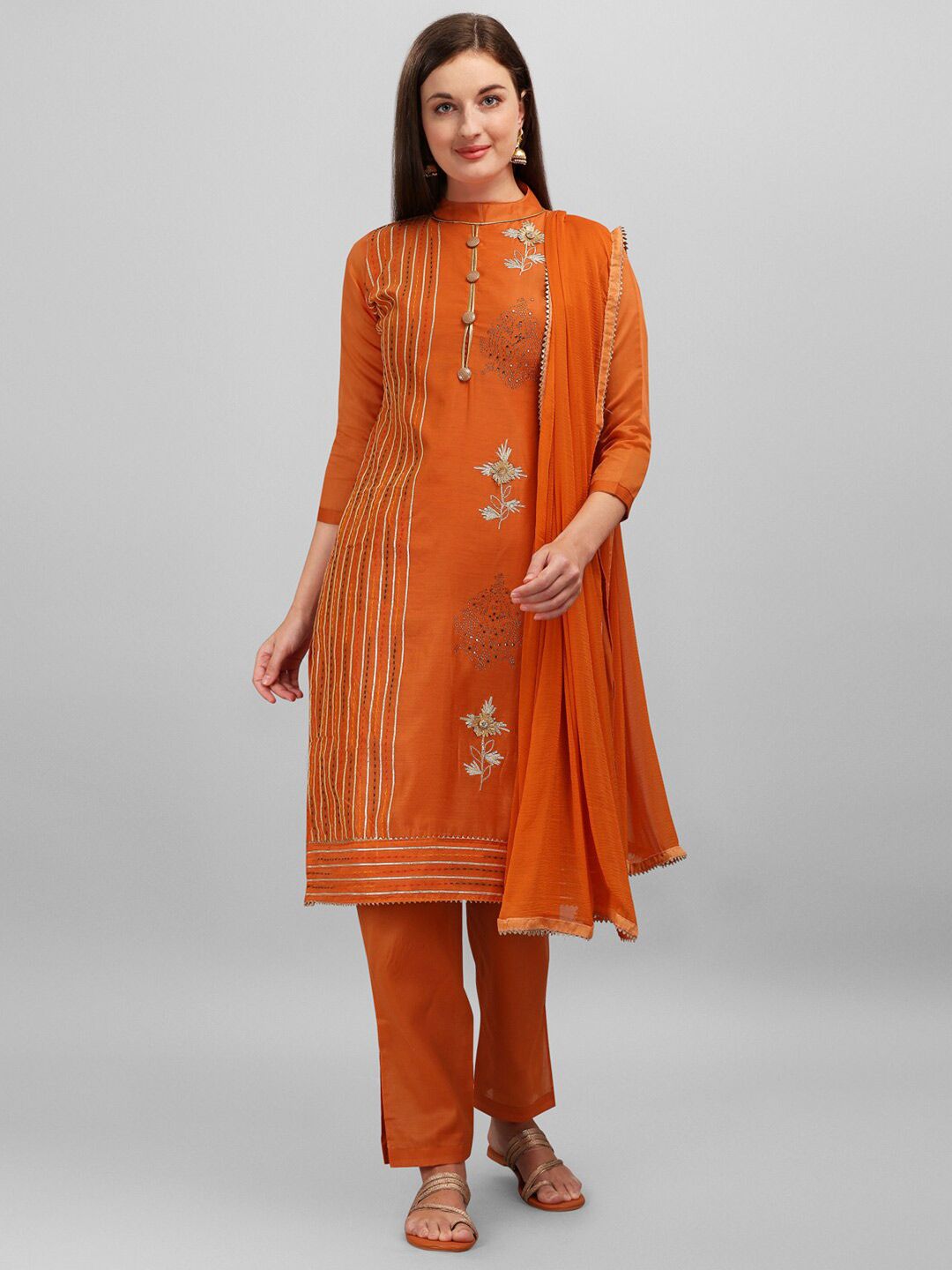 mf Orange & Gold Embroidered Unstitched Dress Material Price in India