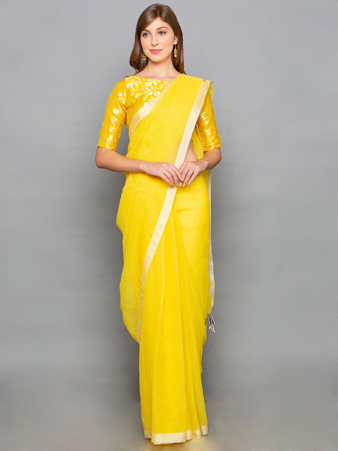 Desi Weavess Yellow Zari Pure Silk Kota Saree Price in India