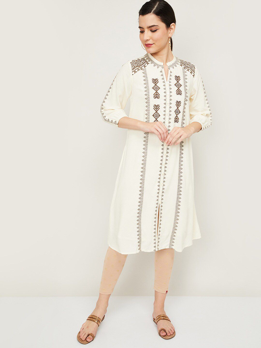 Colour Me by Melange Off White Mandarin Collar Embroidered Tunic Price in India