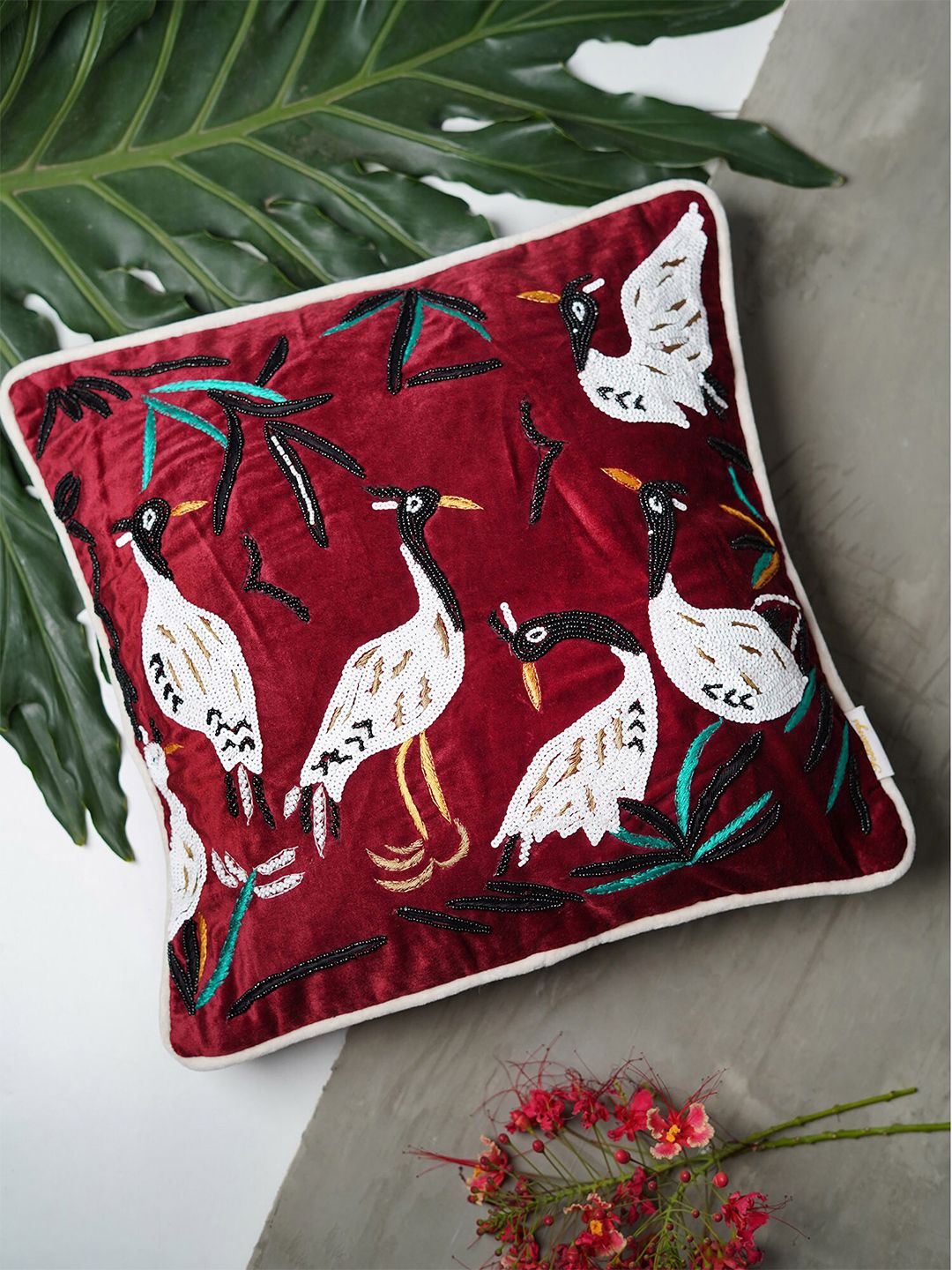 Folkstorys Maroon & White Flock Embroidered Velvet Square Cushion Covers Price in India