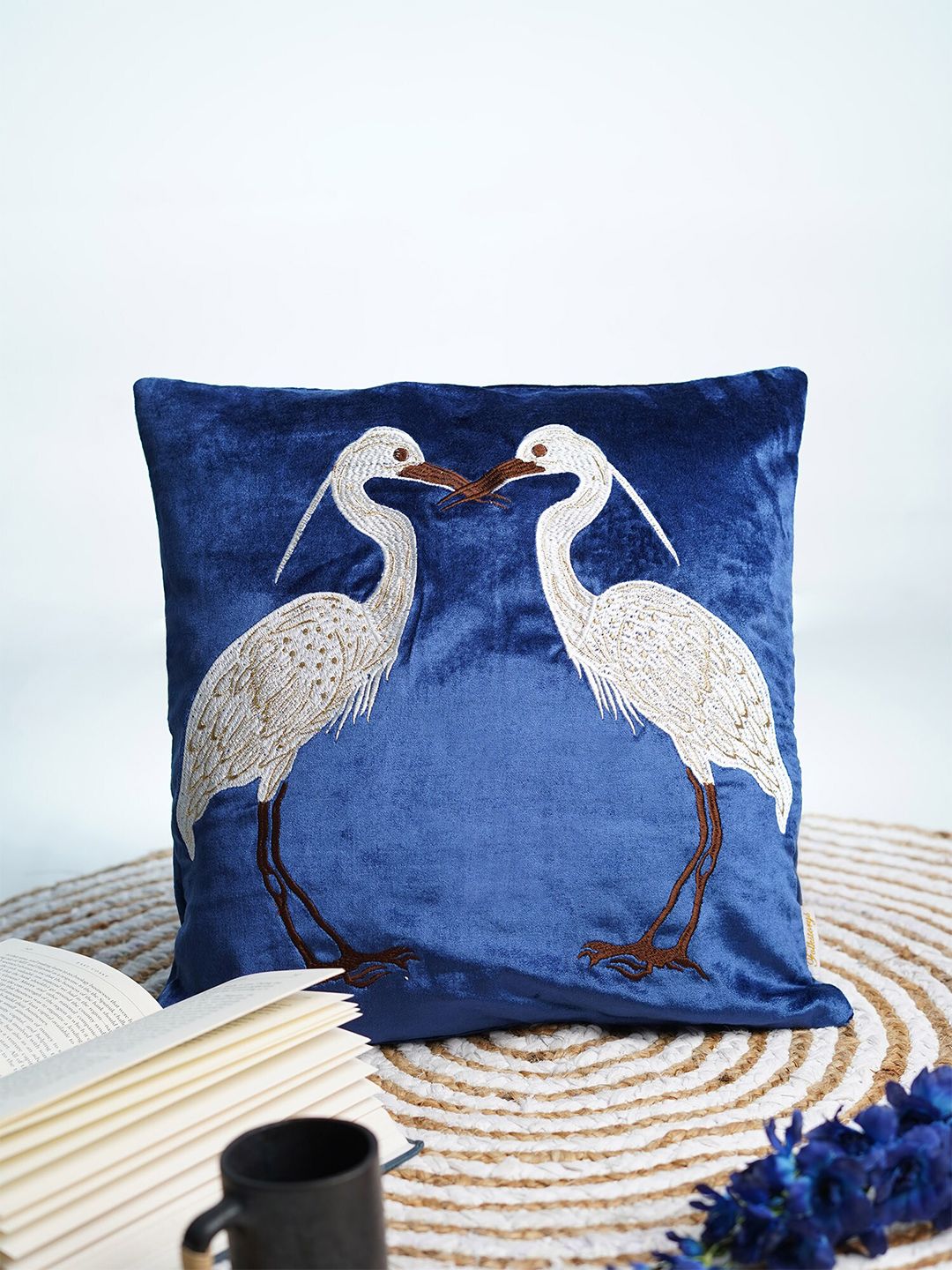 Folkstorys Blue & White Embroidered Velvet Square Cushion Covers Price in India